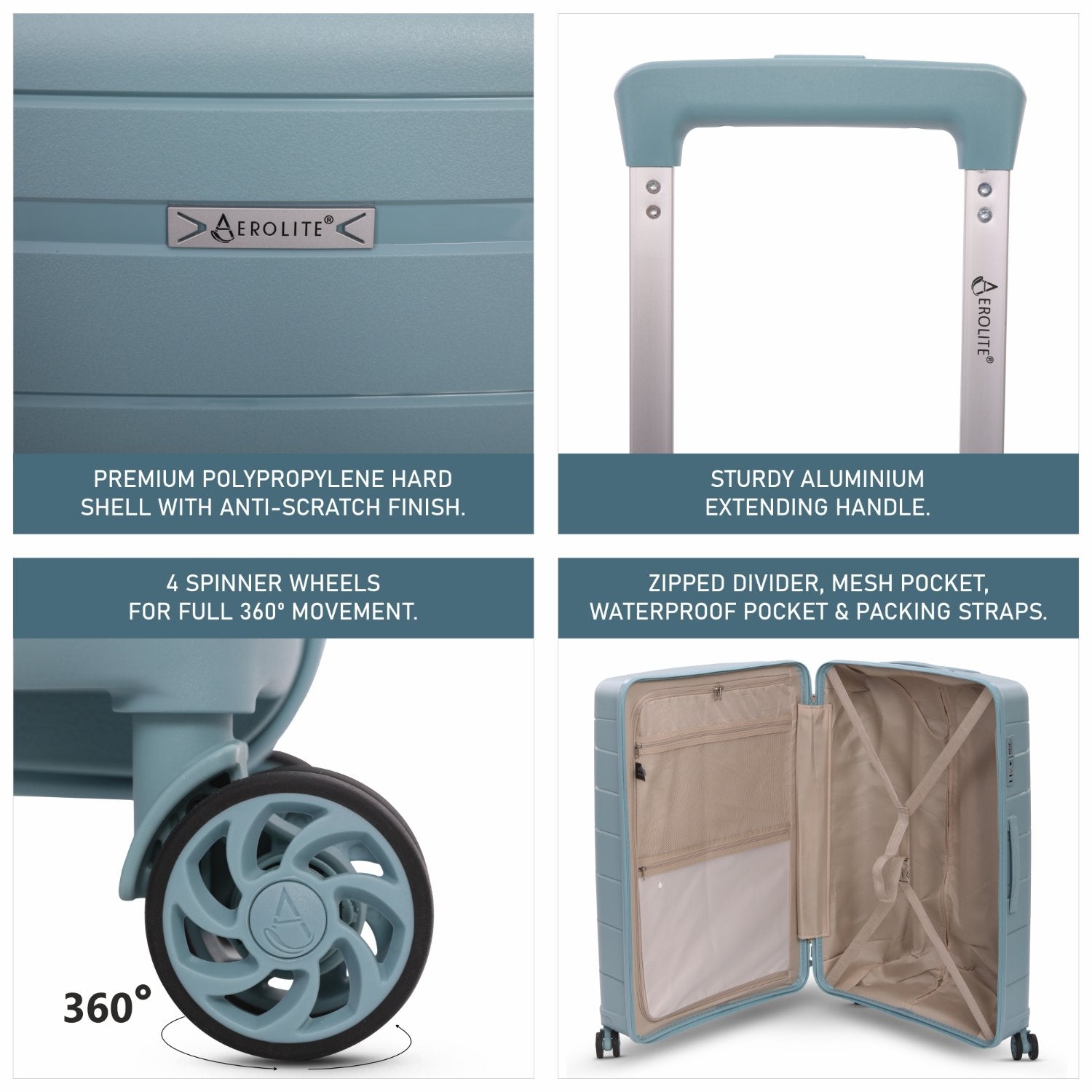 Aerolite Large 28" (100L) Lightweight Polypropylene Hard Shell Check-In Suitcase, 4 Dual Spinner Wheels, TSA Lock, Waterproof Pocket, 5 Years Warranty - Sage