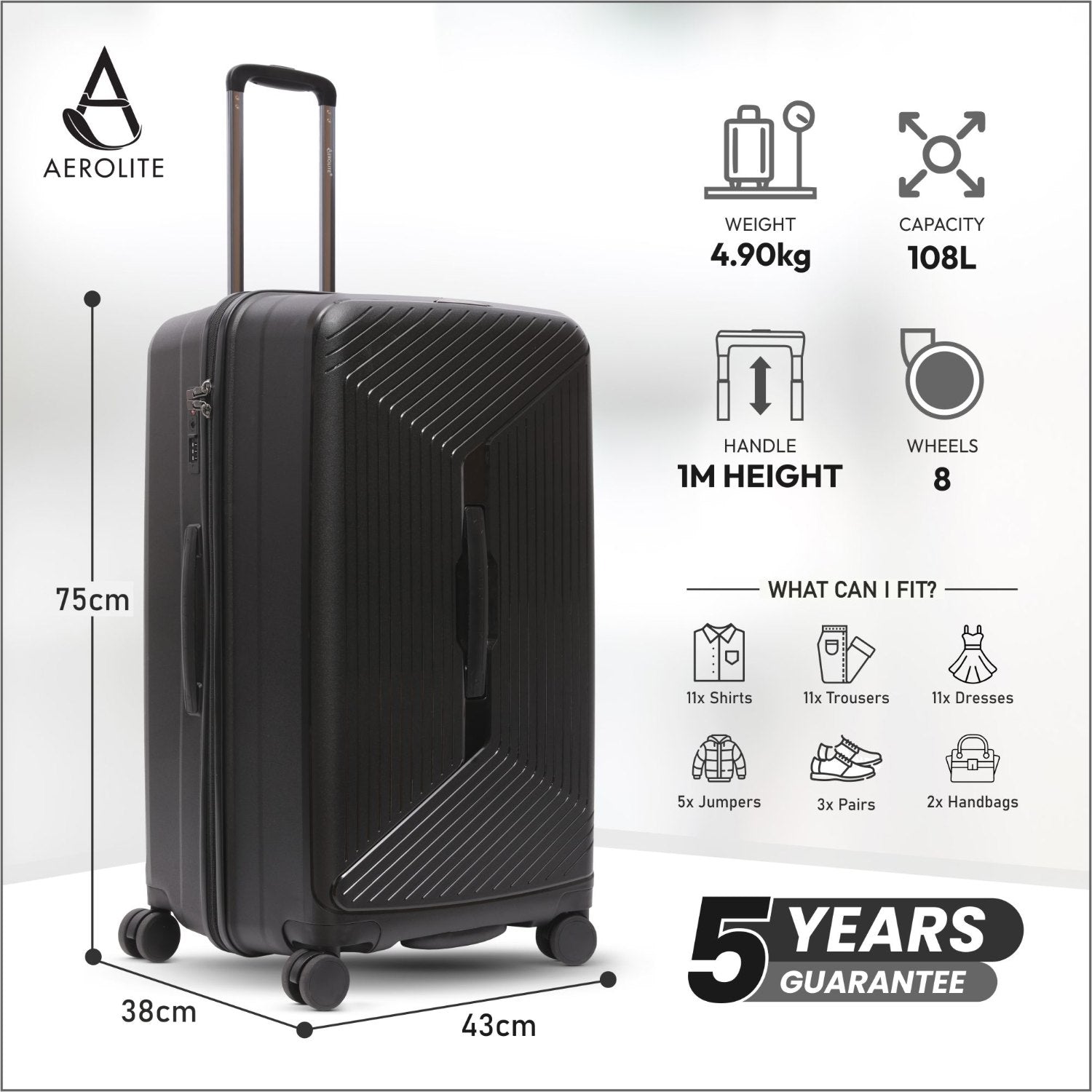 Aerolite Large 108L Premium Polypropylene Hard Shell Check in Checked Hold Travel Spinner Luggage Suitcase Trunk with 4 + 1 Wheels , TSA Approved Lock , YKK Zippers & Antimicrobial Lining (BLACK)