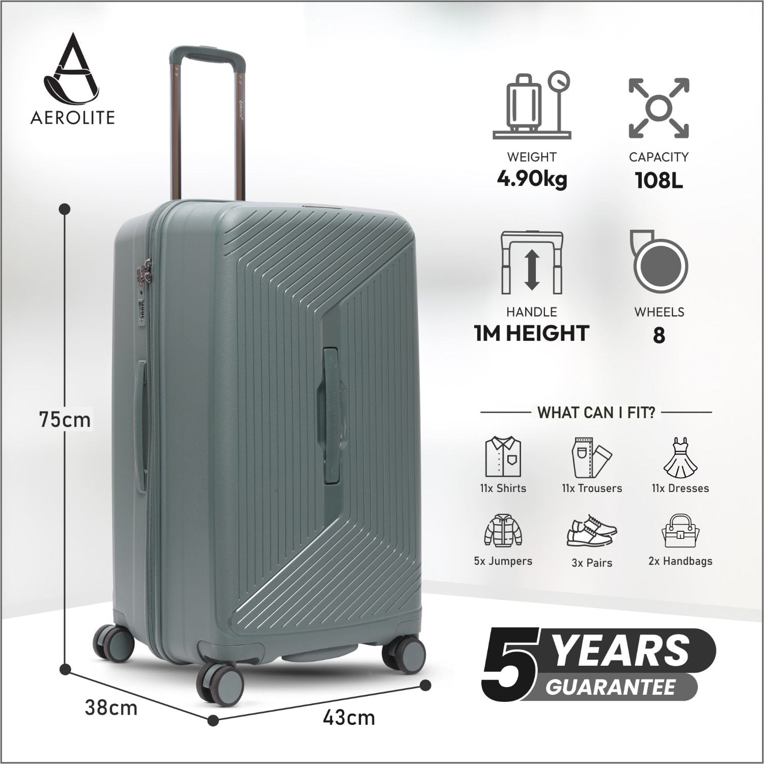 Aerolite Large 108L Premium Polypropylene Hard Shell Check in Checked Hold Travel Spinner Luggage Suitcase Trunk with 4 + 1 Wheels , TSA Approved Lock , YKK Zippers & Antimicrobial Lining (DARK GREEN)