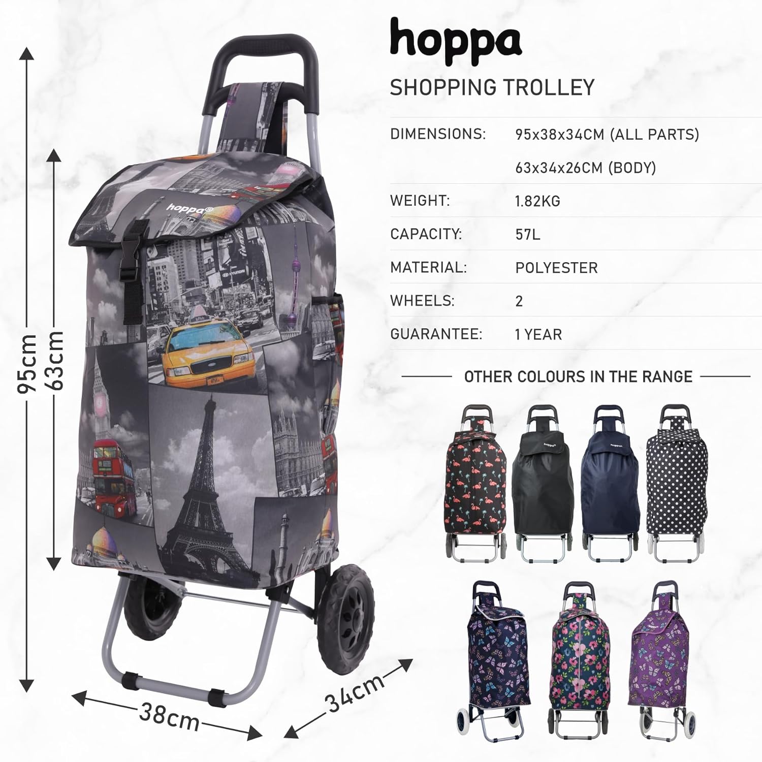 Hoppa 57Ltr Lightweight Shopping Trolley 2025 model, Hard Wearing & Foldaway Push/Pull Cart for Easy Storage With 1 Year Guarantee