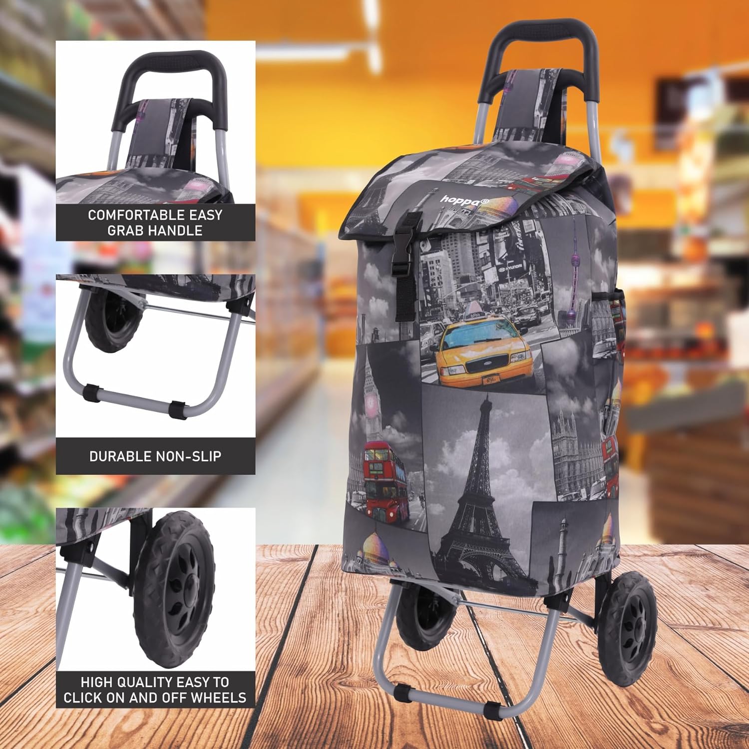 Hoppa 57Ltr Lightweight Shopping Trolley 2025 model, Hard Wearing & Foldaway Push/Pull Cart for Easy Storage With 1 Year Guarantee