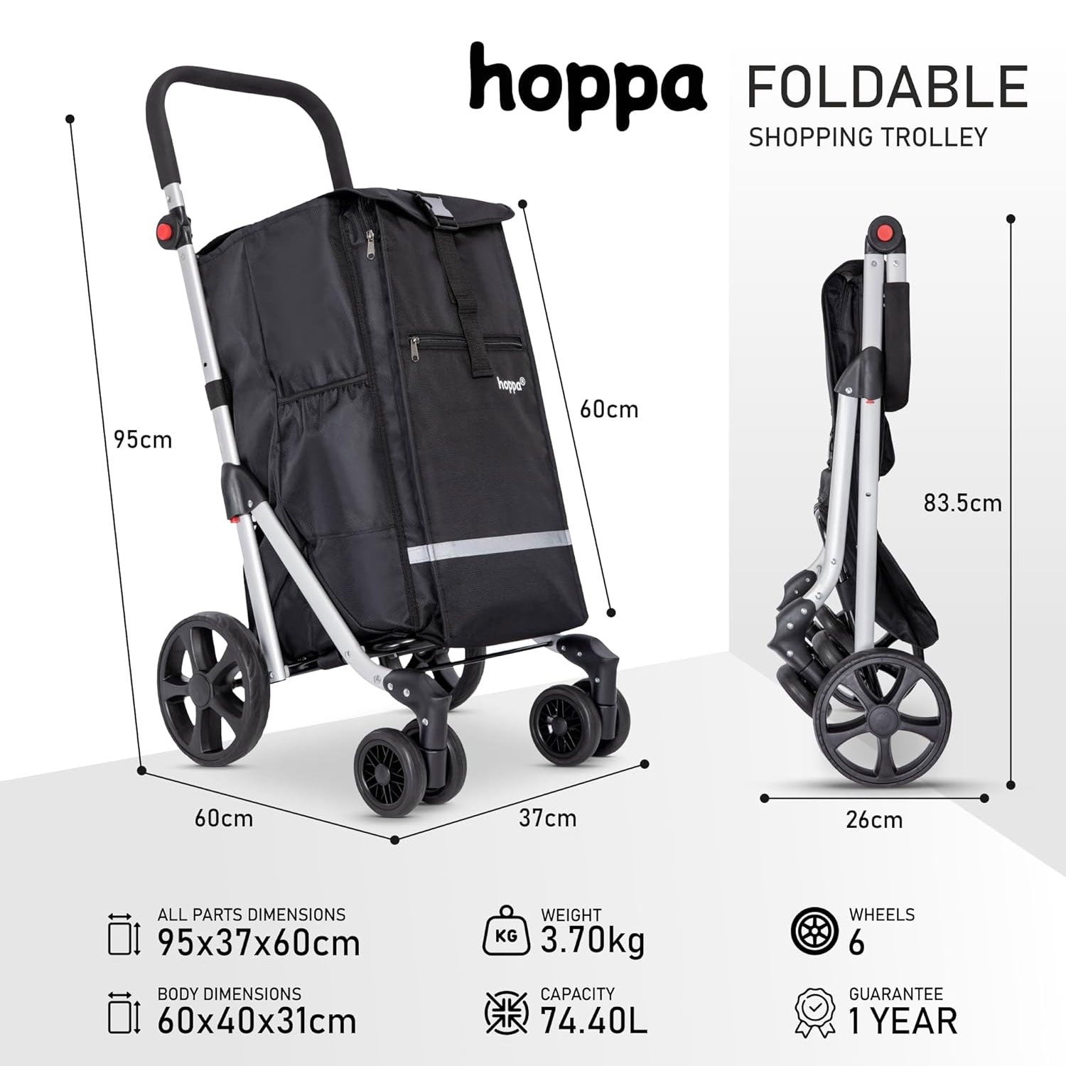 Hoppa 74L 6- Wheels Lightweight Foldable Shopping Trolley, Hard-Wearing Trolley Cart , Storage Trolly on Wheels, Sturdy 6 Wheels Collapsable Grocery Trolley Cart on Wheels (Black)