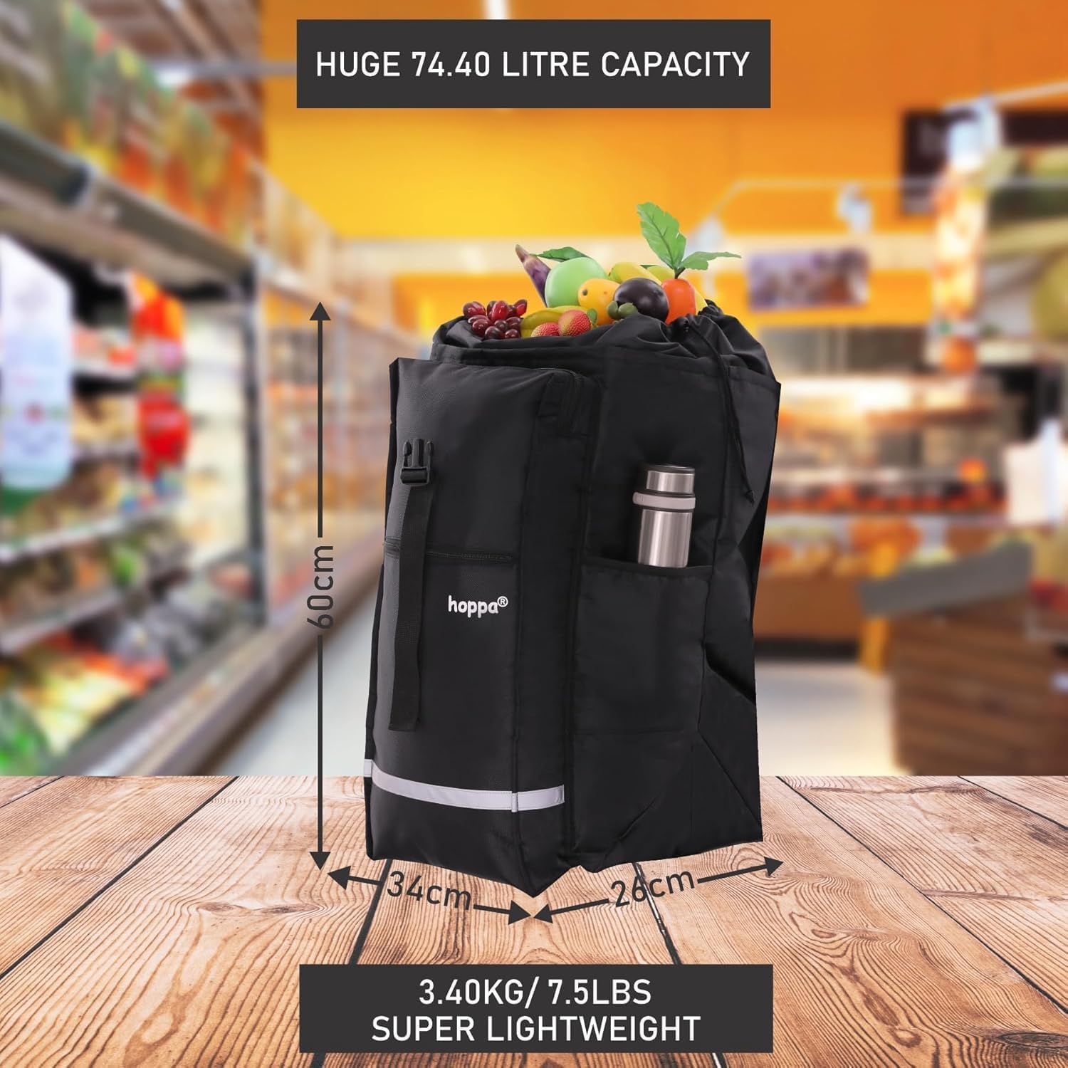 Hoppa 74L 6- Wheels Lightweight Foldable Shopping Trolley, Hard-Wearing Trolley Cart , Storage Trolly on Wheels, Sturdy 6 Wheels Collapsable Grocery Trolley Cart on Wheels (Black)