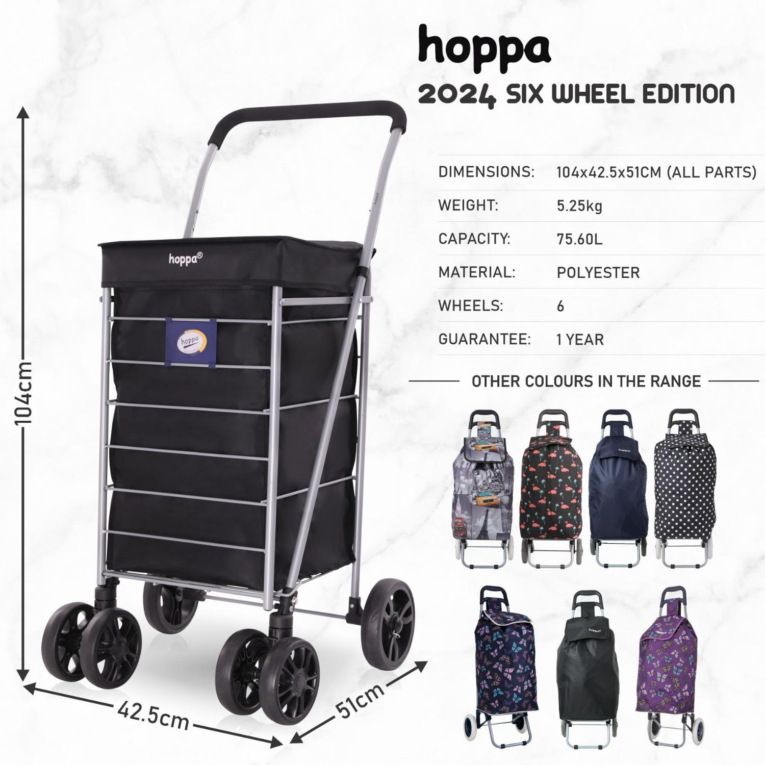 Hoppa Lightweight 6-Wheel Premium 2025 Model Folding Shopping Trolley Extra Large 75.6L Capacity Shopping Trolley Bag, 95cm, 5.25kg, Push/Pull (Black)
