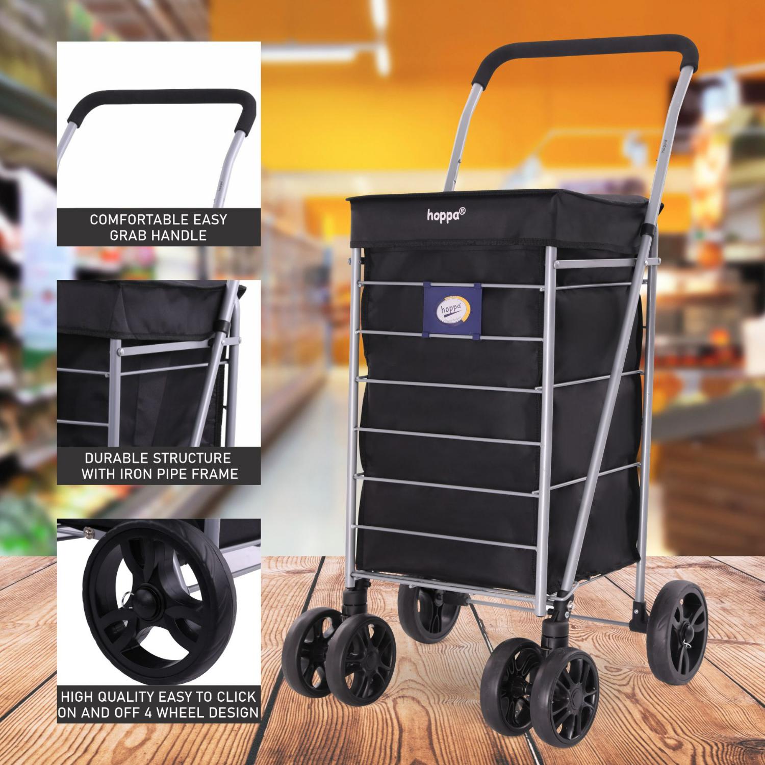 Hoppa Lightweight 6-Wheel Premium 2025 Model Folding Shopping Trolley Extra Large 75.6L Capacity Shopping Trolley Bag, 95cm, 5.25kg, Push/Pull (Black)
