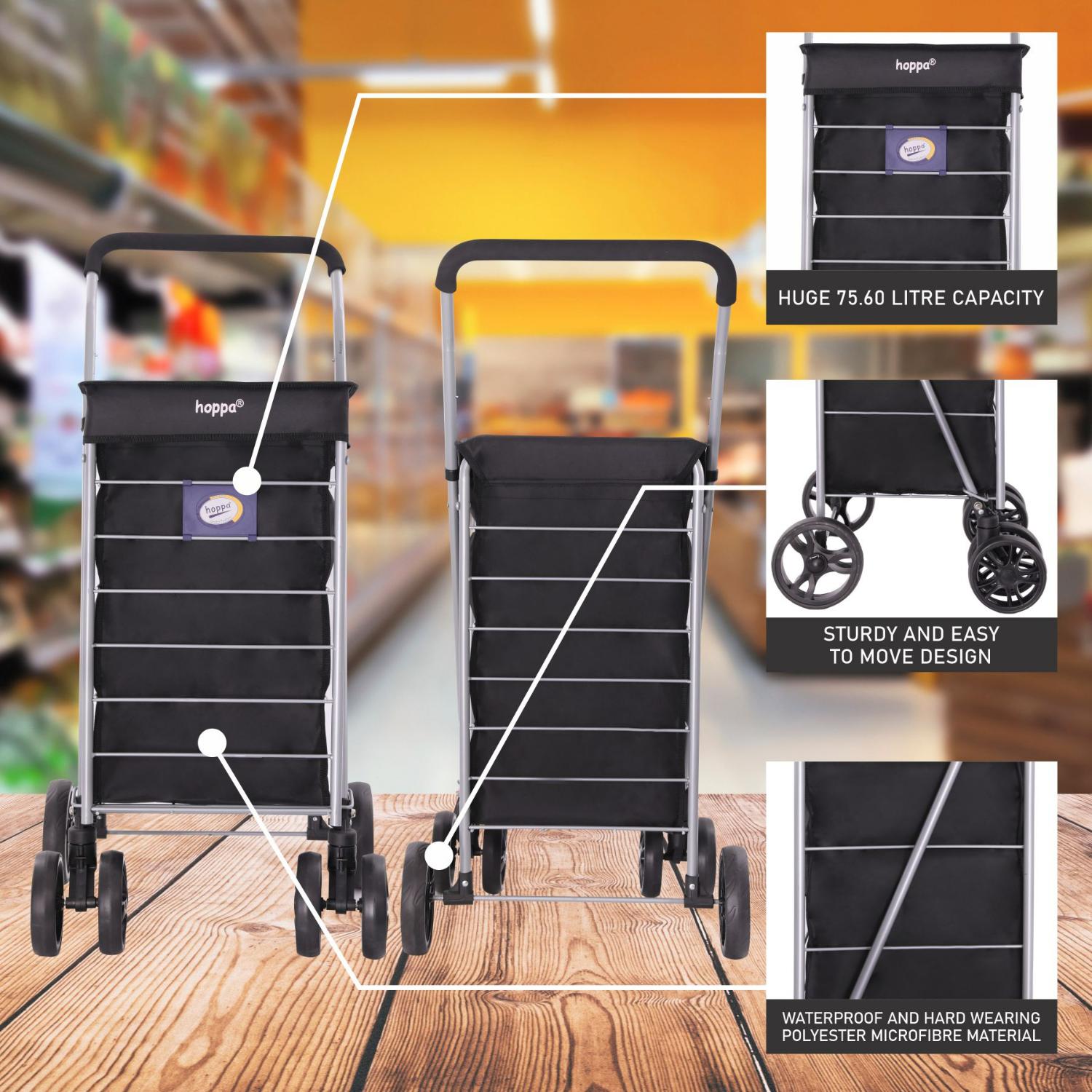 Hoppa Lightweight 6-Wheel Premium 2025 Model Folding Shopping Trolley Extra Large 75.6L Capacity Shopping Trolley Bag, 95cm, 5.25kg, Push/Pull (Black)