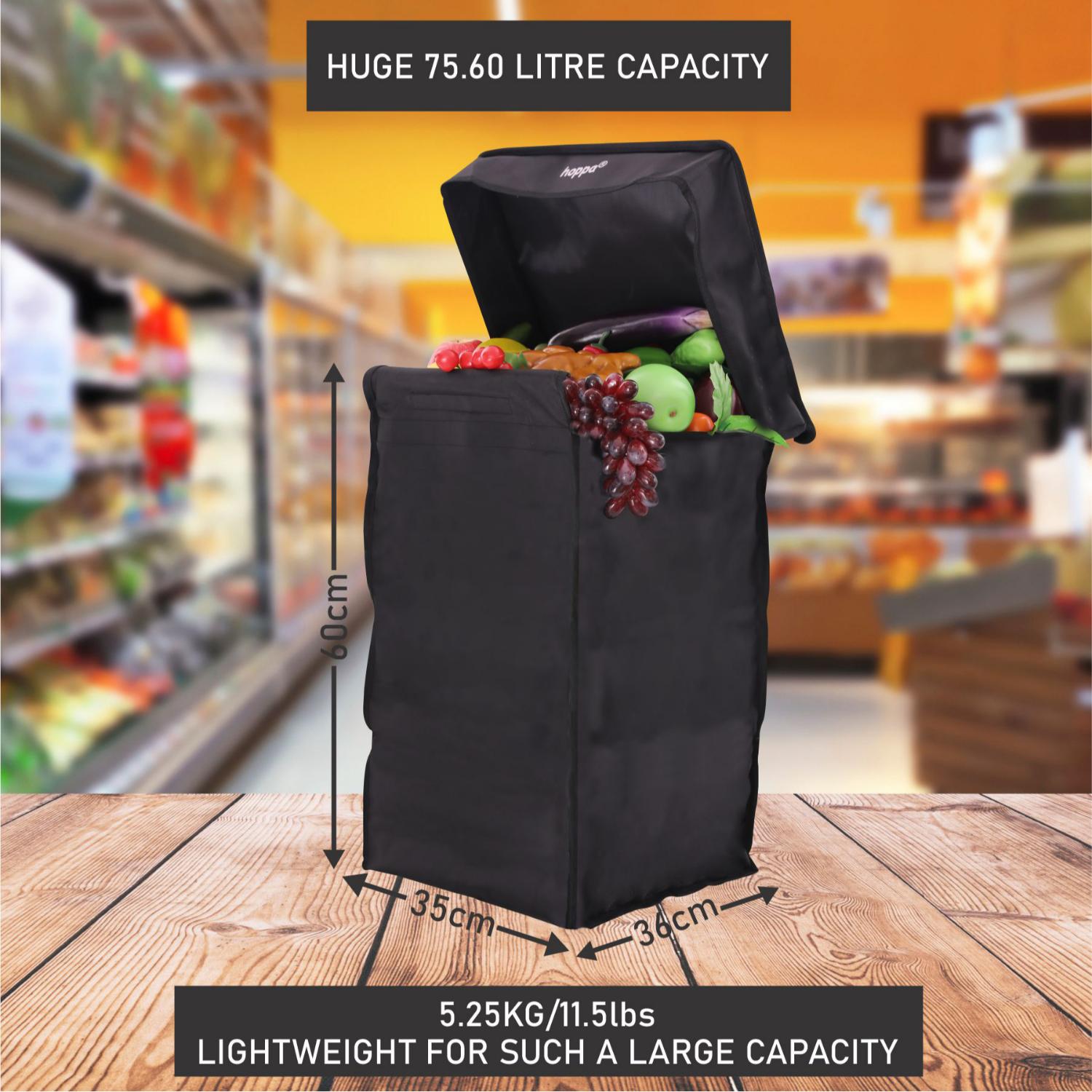 Hoppa Lightweight 6-Wheel Premium 2025 Model Folding Shopping Trolley Extra Large 75.6L Capacity Shopping Trolley Bag, 95cm, 5.25kg, Push/Pull (Black)