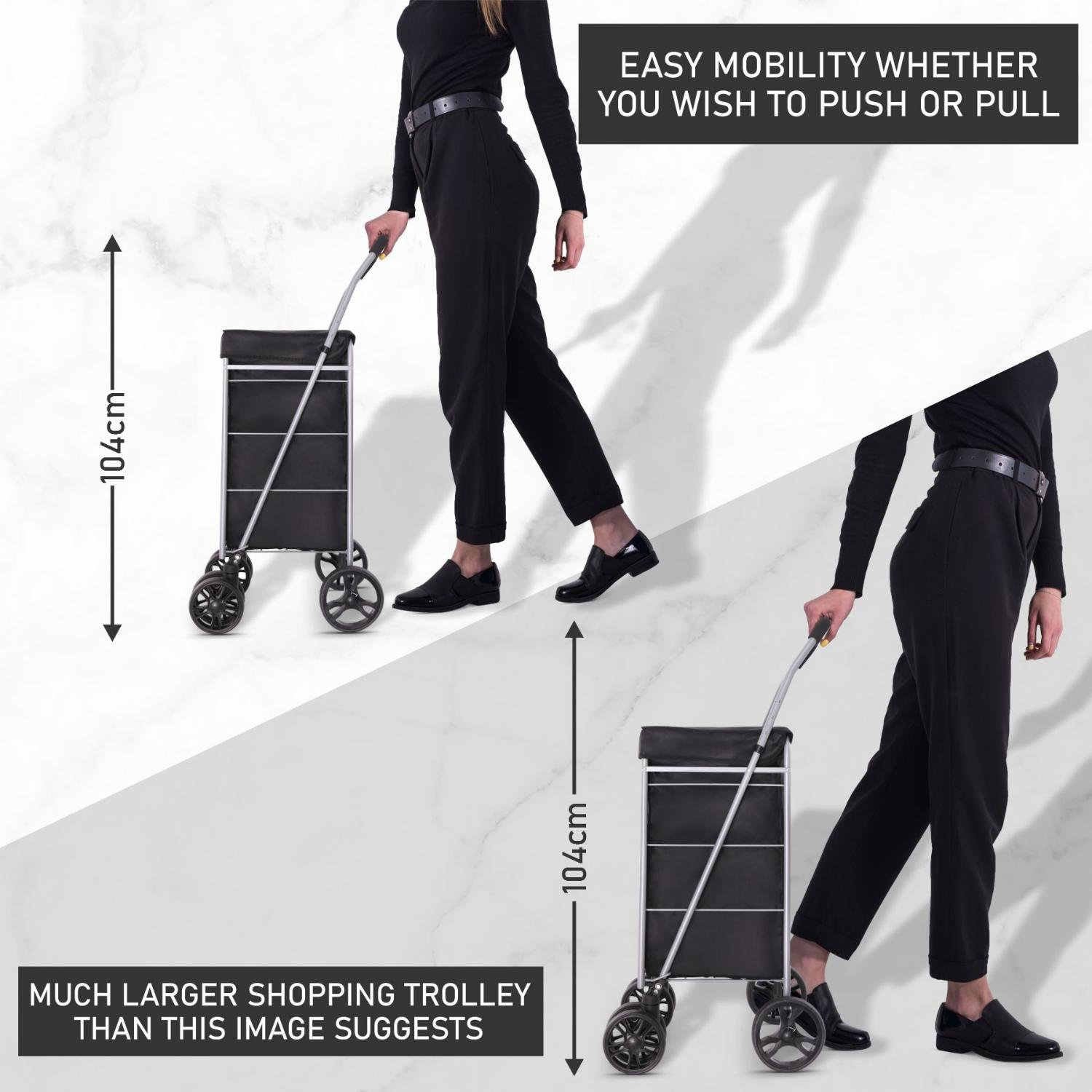 Hoppa Lightweight 6-Wheel Premium 2025 Model Folding Shopping Trolley Extra Large 75.6L Capacity Shopping Trolley Bag, 95cm, 5.25kg, Push/Pull (Black)