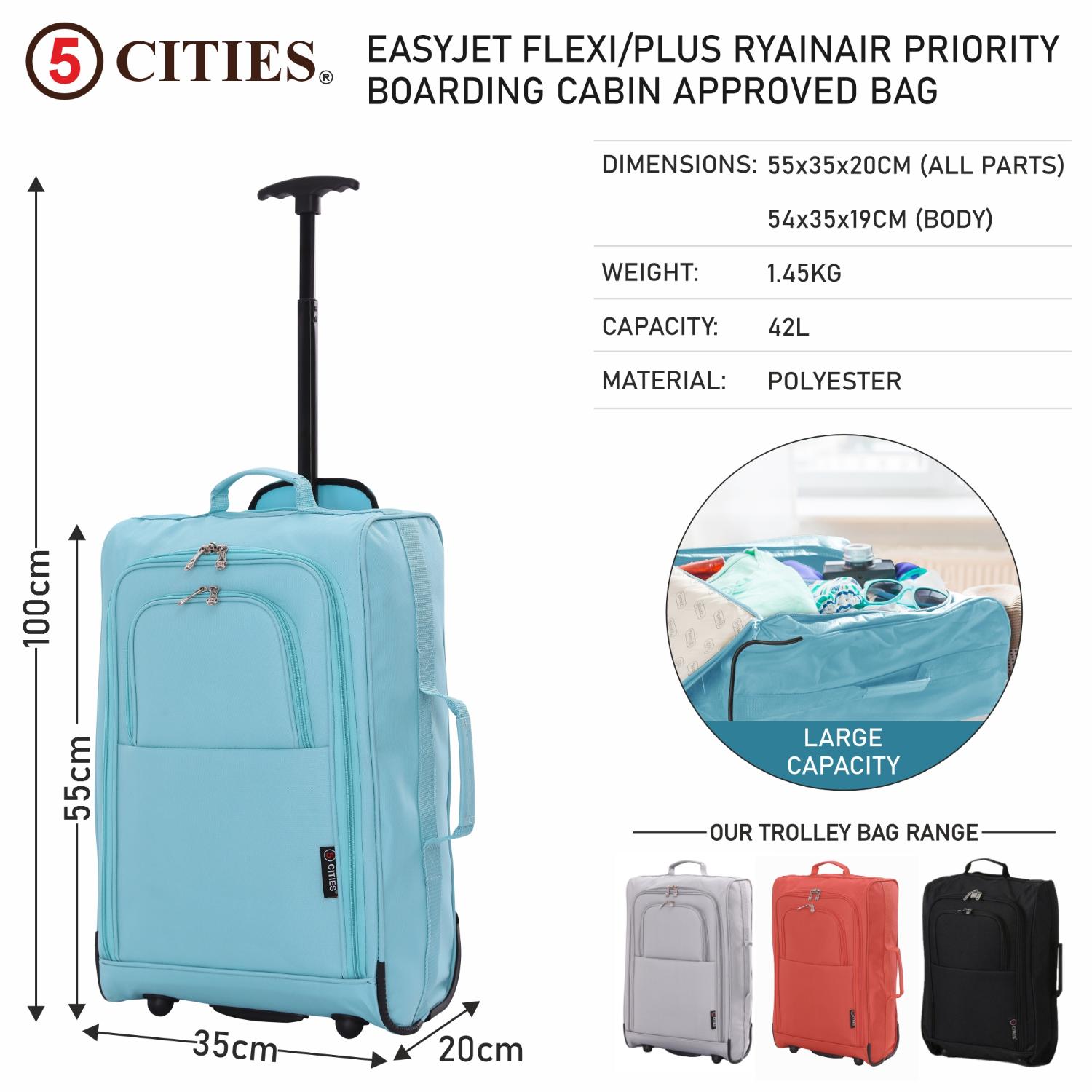 5 Cities 21" (55x35x20cm) Lightweight Cabin Hand Luggage Trolley, Fits Easyjet(Plus/Flexi/Large Cabin), Ryanair (Priority) Cabin Restrictions, 2 Years Of Warranty