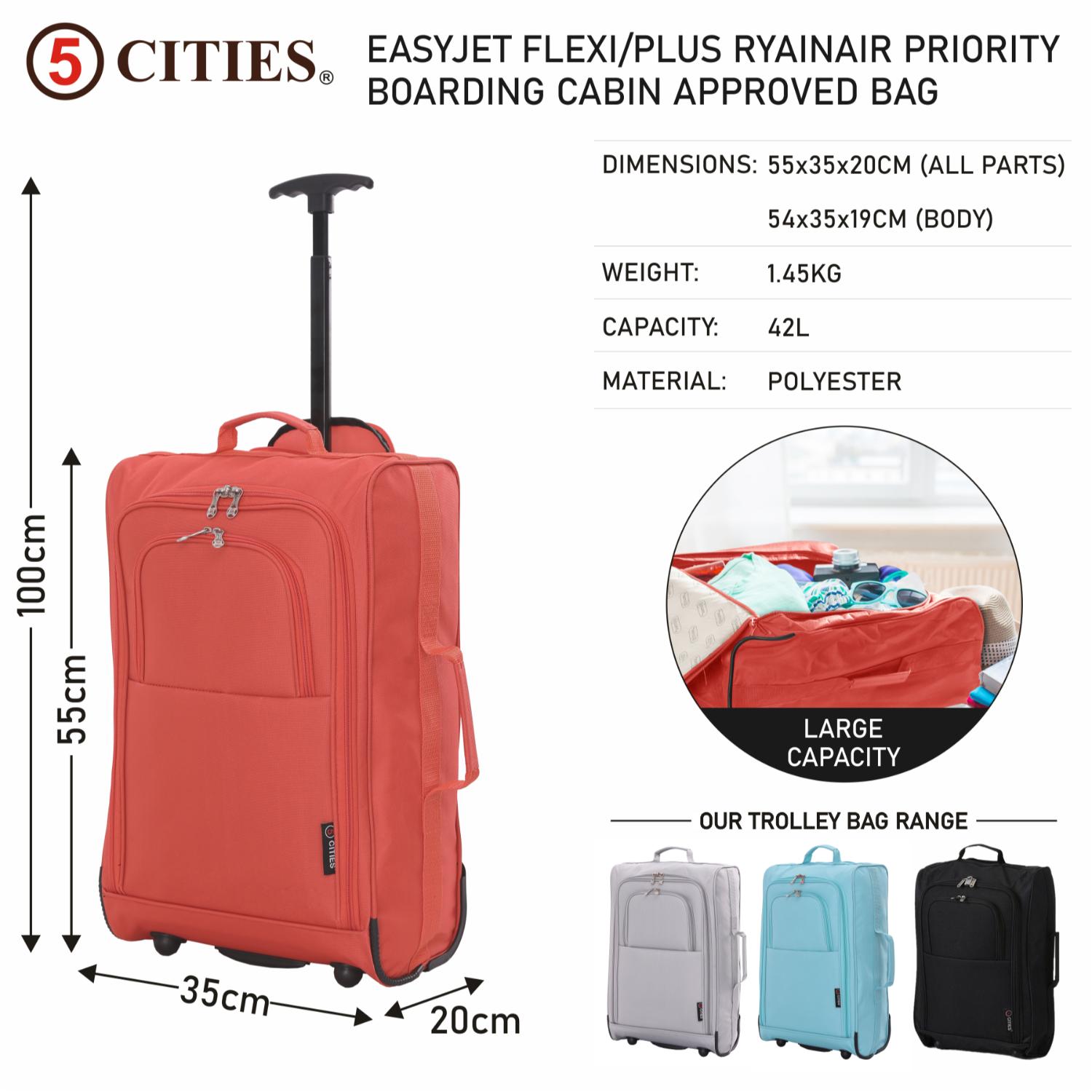 5 Cities 21" (55x35x20cm) Lightweight Cabin Hand Luggage Trolley, Fits Easyjet(Plus/Flexi/Large Cabin), Ryanair (Priority) Cabin Restrictions, 2 Years Of Warranty