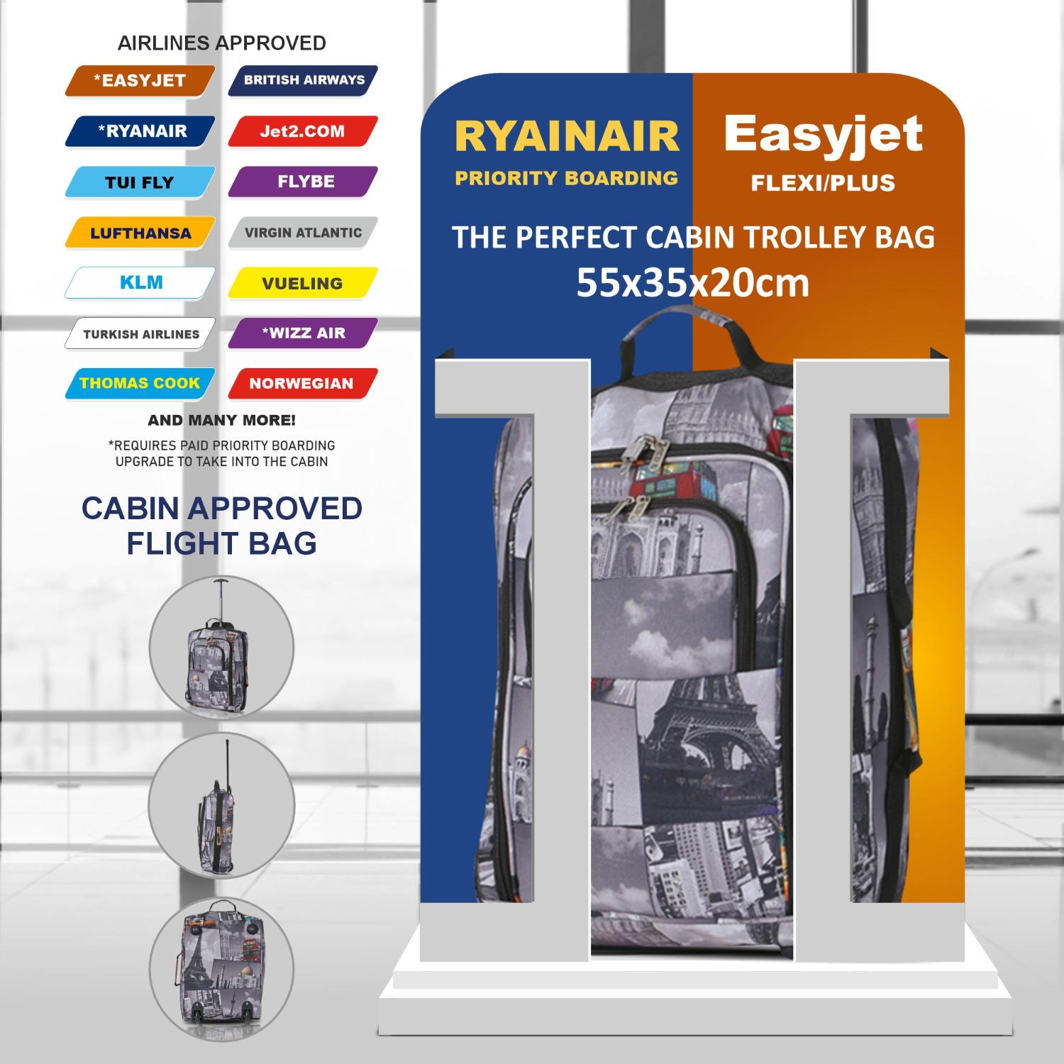 5 Cities 21" (55x35x20cm) Lightweight Cabin Hand Luggage Trolley, Fits Easyjet(Plus/Flexi/Large Cabin), Ryanair (Priority) Cabin Restrictions, 2 Years Of Warranty