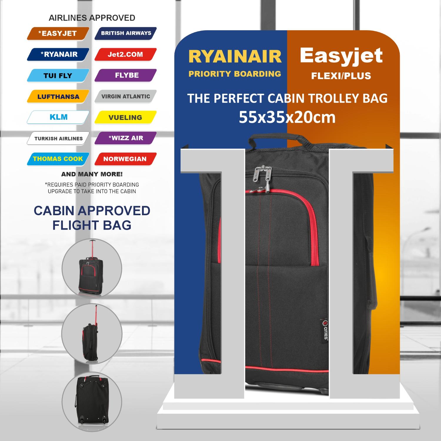 5 Cities 21" (55x35x20cm) Lightweight Cabin Hand Luggage Trolley, Fits Easyjet(Plus/Flexi/Large Cabin), Ryanair (Priority) Cabin Restrictions, 2 Years Of Warranty