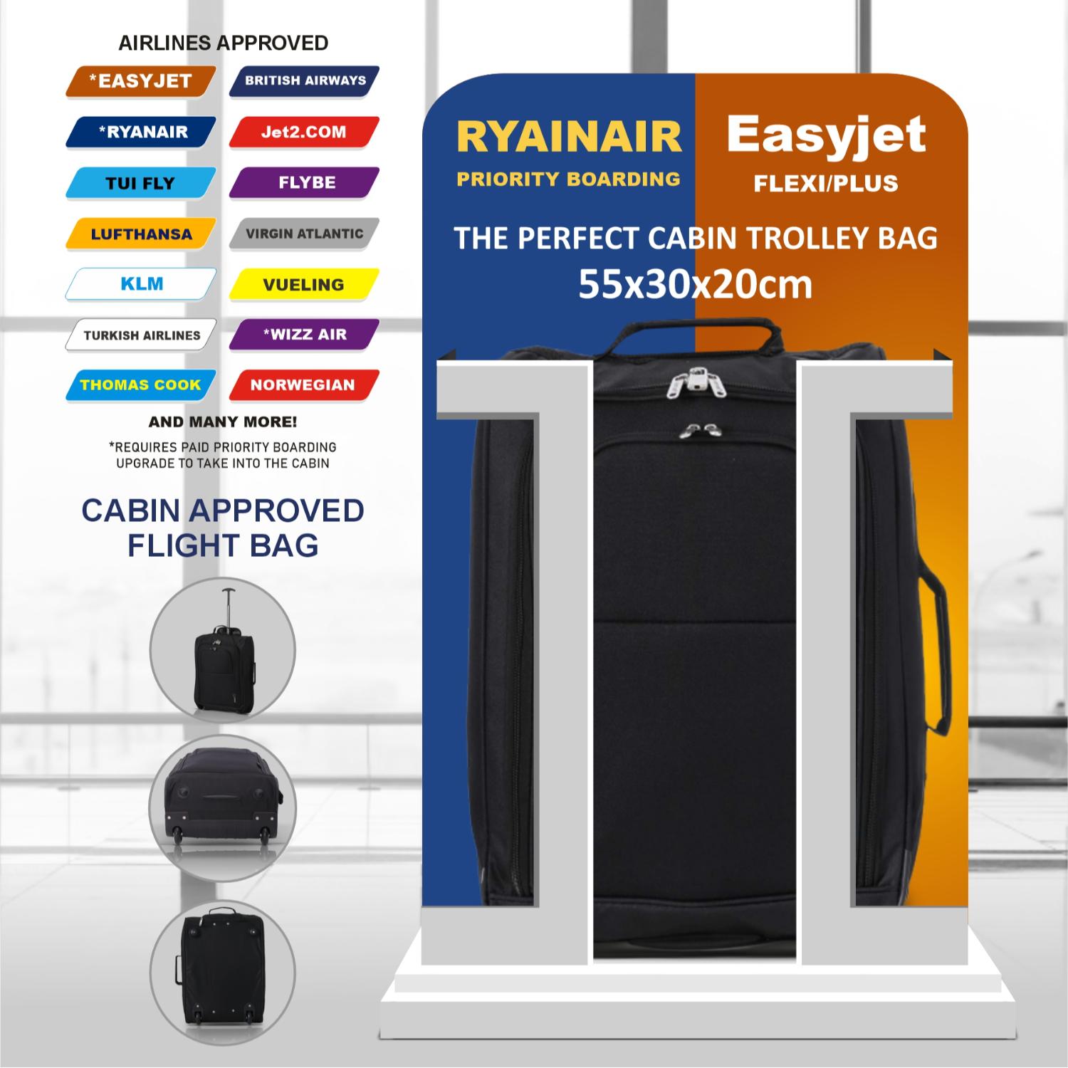5 Cities (55x35x20cm) Lightweight Cabin Hand Luggage (x2), Fits easyJet/Ryanair Cabin Restrictions 42L