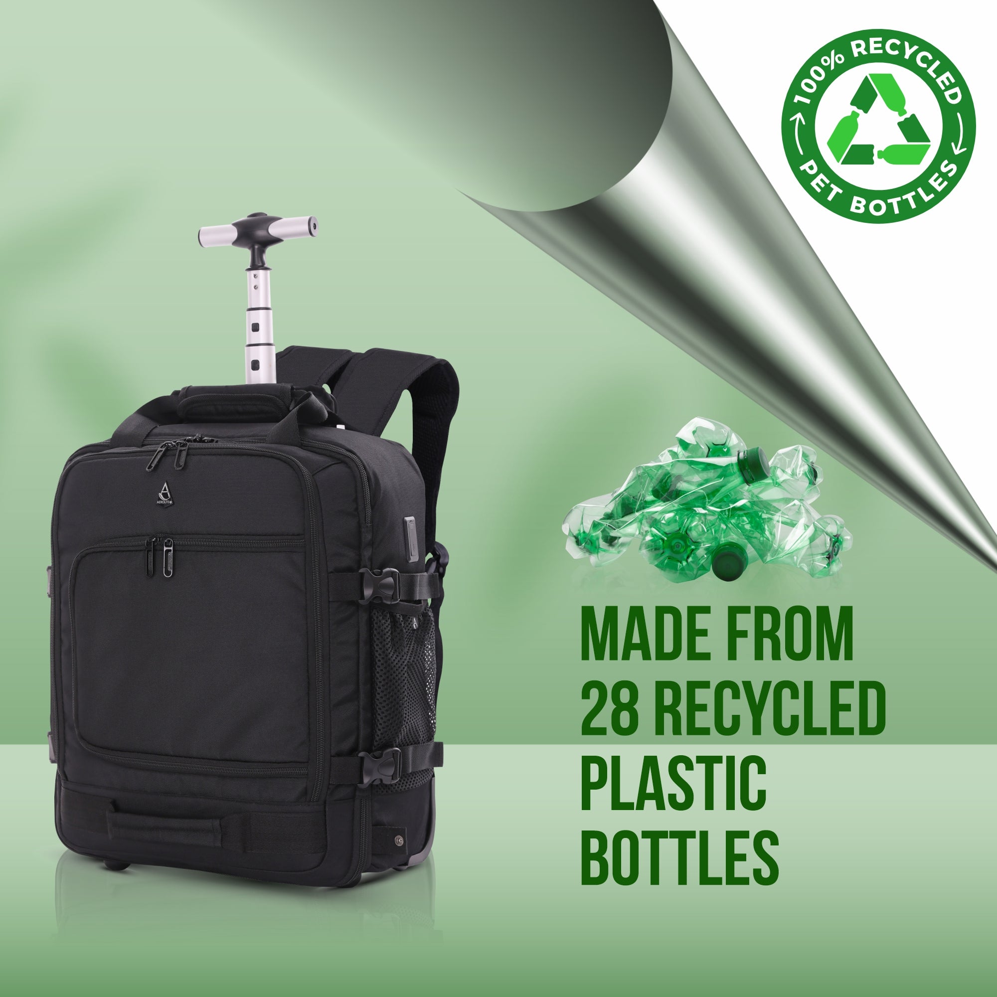 Aerolite 45x36x20cm Premium Easyjet Maximum Size Backpack Trolley Cabin Bag With 2 Wheels, 10 Years Warranty, Made From Recycled Eco-Friendly Material