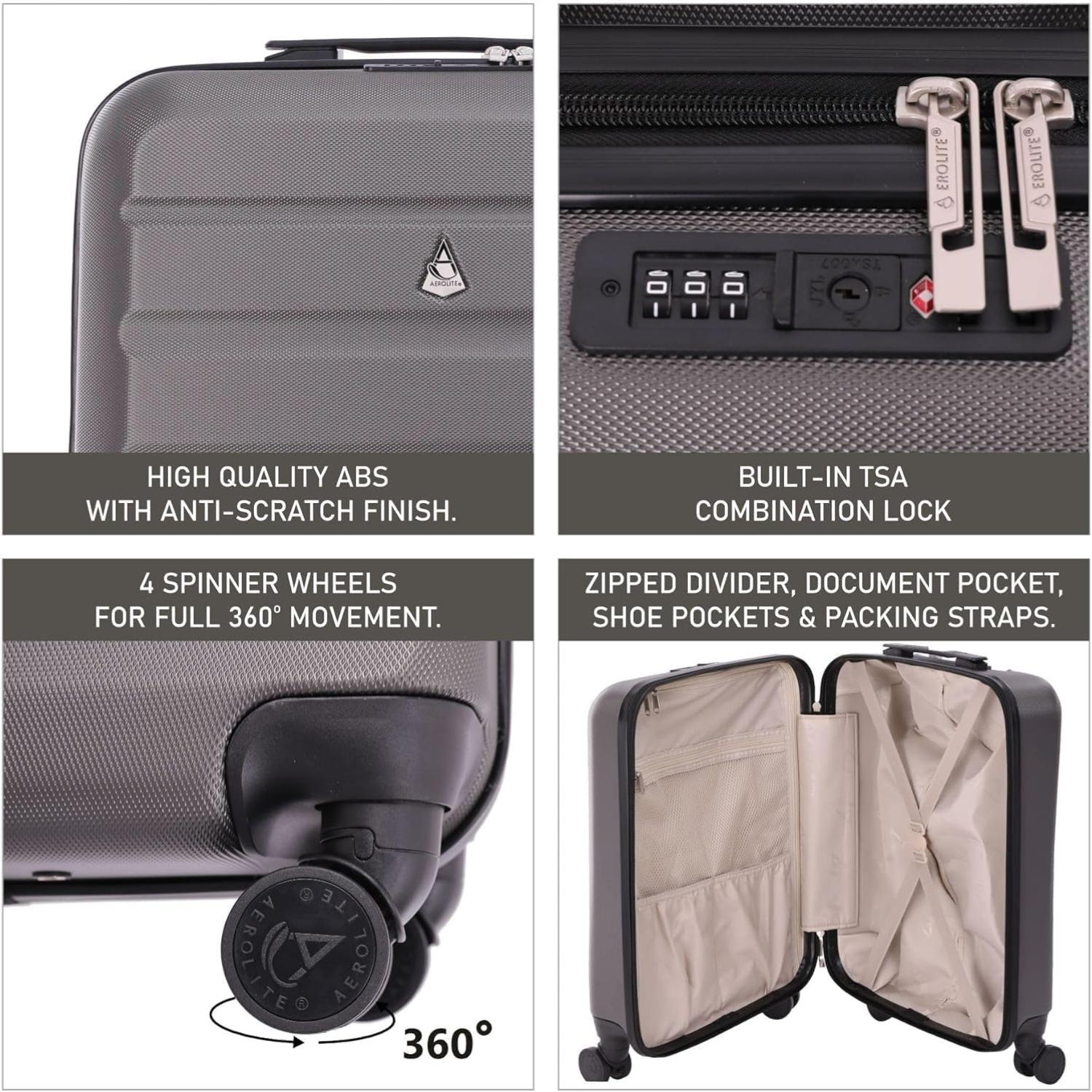 Aerolite Ryanair Maximum Bundle 55x40x20cm Overhead Lightweight 8 Wheel Hardshell Suitcase + 40x20x25cm Underseat Carry On Holdall Bag