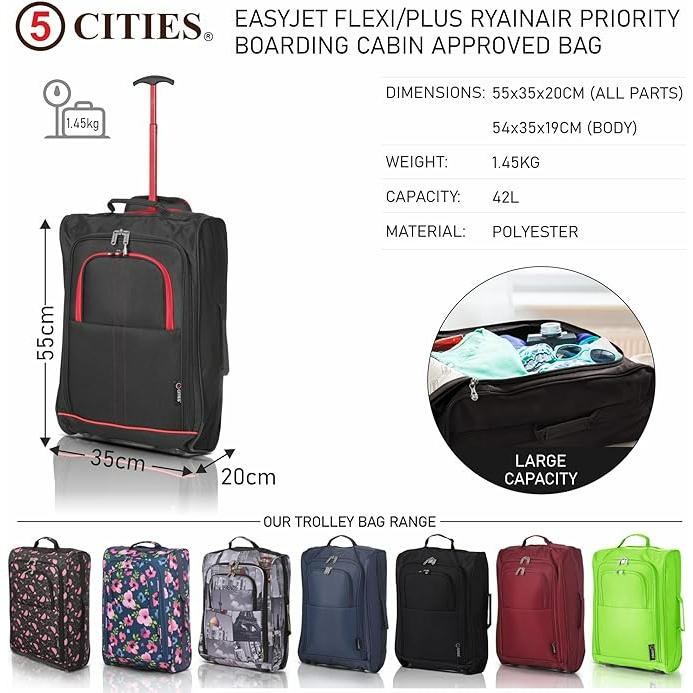 5 Cities 21" (55x35x20cm) Lightweight Cabin Hand Luggage Trolley, Fits Easyjet(Plus/Flexi/Large Cabin), Ryanair (Priority) Cabin Restrictions, 2 Years Of Warranty