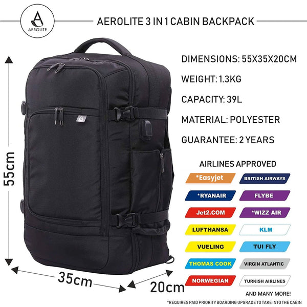 Aerolite 55x35x20cm 39L Hand Cabin Luggage Backpack with YKK Zippers Fits 15 Laptop Carry On Rucksack Travel Daypack Flight Bag 55x35x20 Black