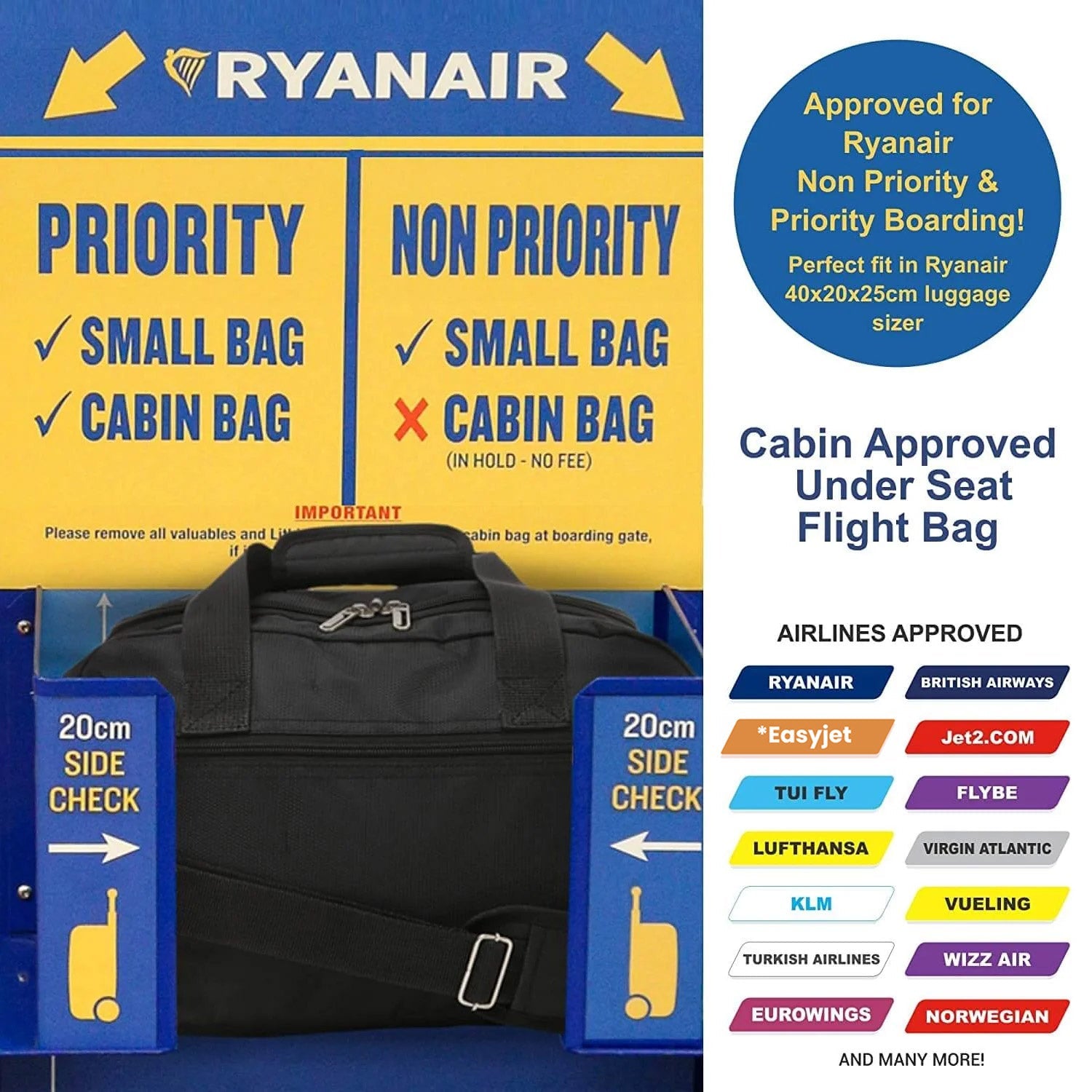 Aerolite (40x20x25cm) Ryanair Maximum Size Hand Luggage New & Improved 2025 Under Seat Holdall Bag