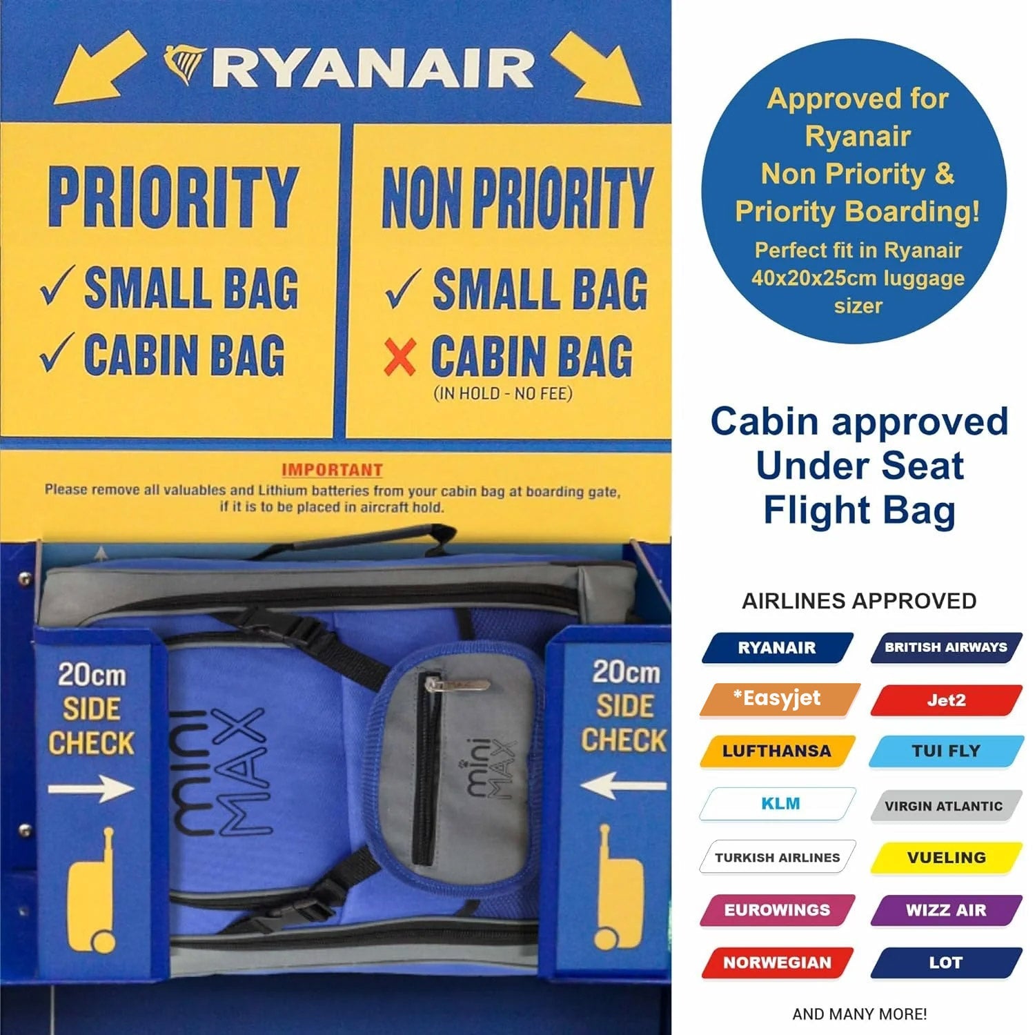Aerolite MiniMAX 20L Ryanair 40x20x25 Maximum Size Cabin Hand Luggage Under Seat Trolley Backpack Carry On Cabin Hand Luggage Bag with 2 Year Warranty
