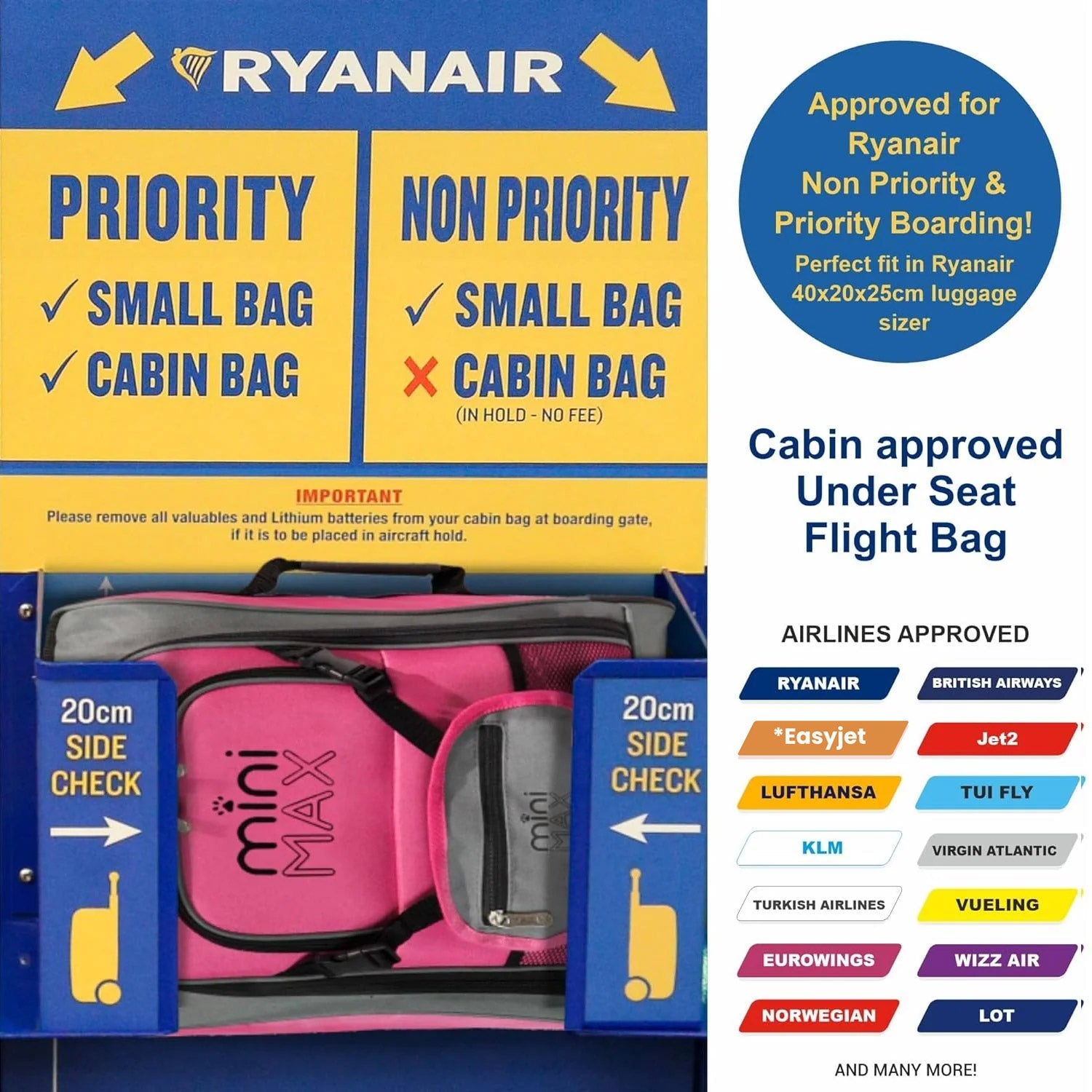 Aerolite MiniMAX 20L Ryanair 40x20x25 Maximum Size Cabin Hand Luggage Under Seat Trolley Backpack Carry On Cabin Hand Luggage Bag with 2 Year Warranty