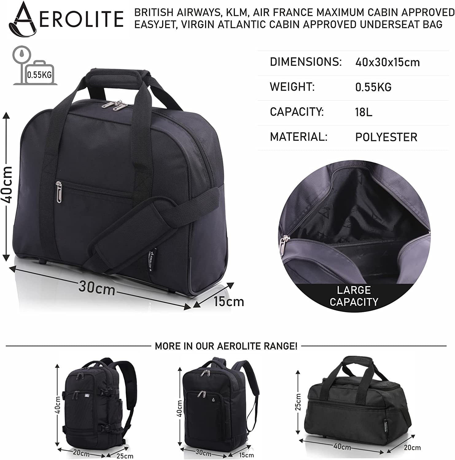AEROLITE (40x30x15cm) British Airways Maximum New and Improved 2025, Also Approved For EasyJet/SAS/TAP & Many More, Cabin Luggage Under Seat Flight Bag, Black