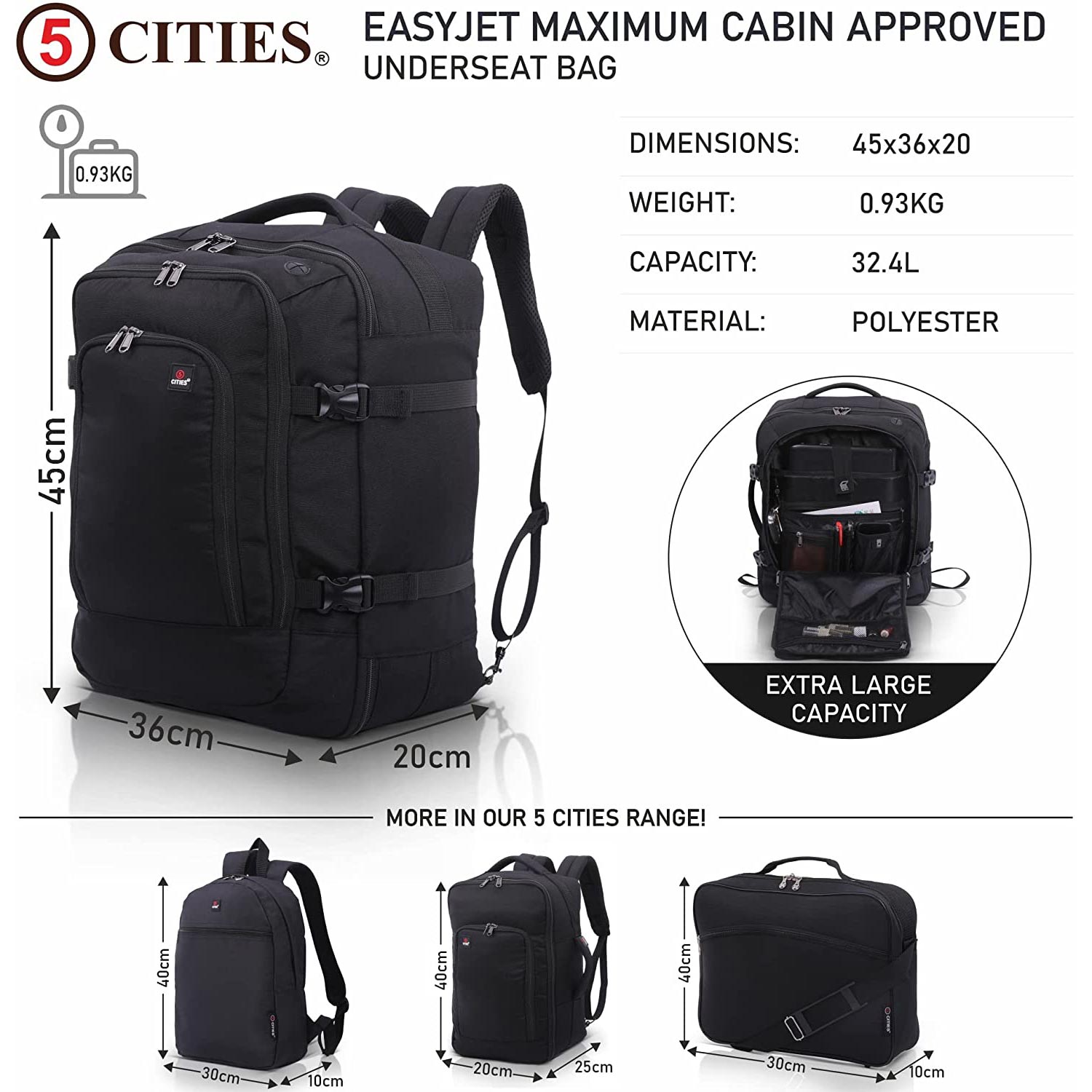 5 CITIES Easyjet Maximum Size (45x36x20cm) New and Improved 2025 Cabin Backpack Luggage Under Seat Flight Bag