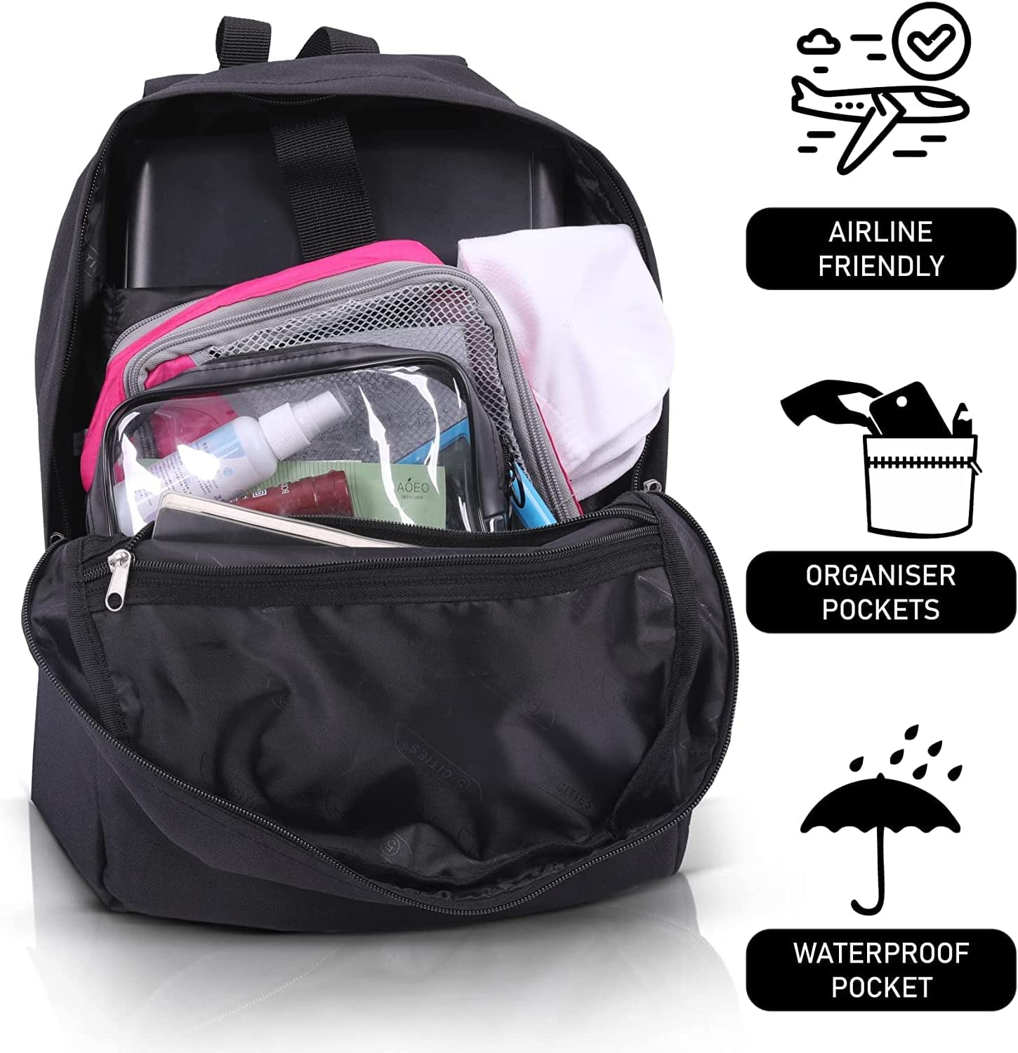 5 CITIES (40x30x10cm) New and Improved 2025 Lufthansa, Austrian Airlines, Swiss Airlines Maximum Size Cabin Backpack/Rucksack Underseat Flight Bag, Also Approved For easyJet, British Airways, Virgin Atlantic, Black