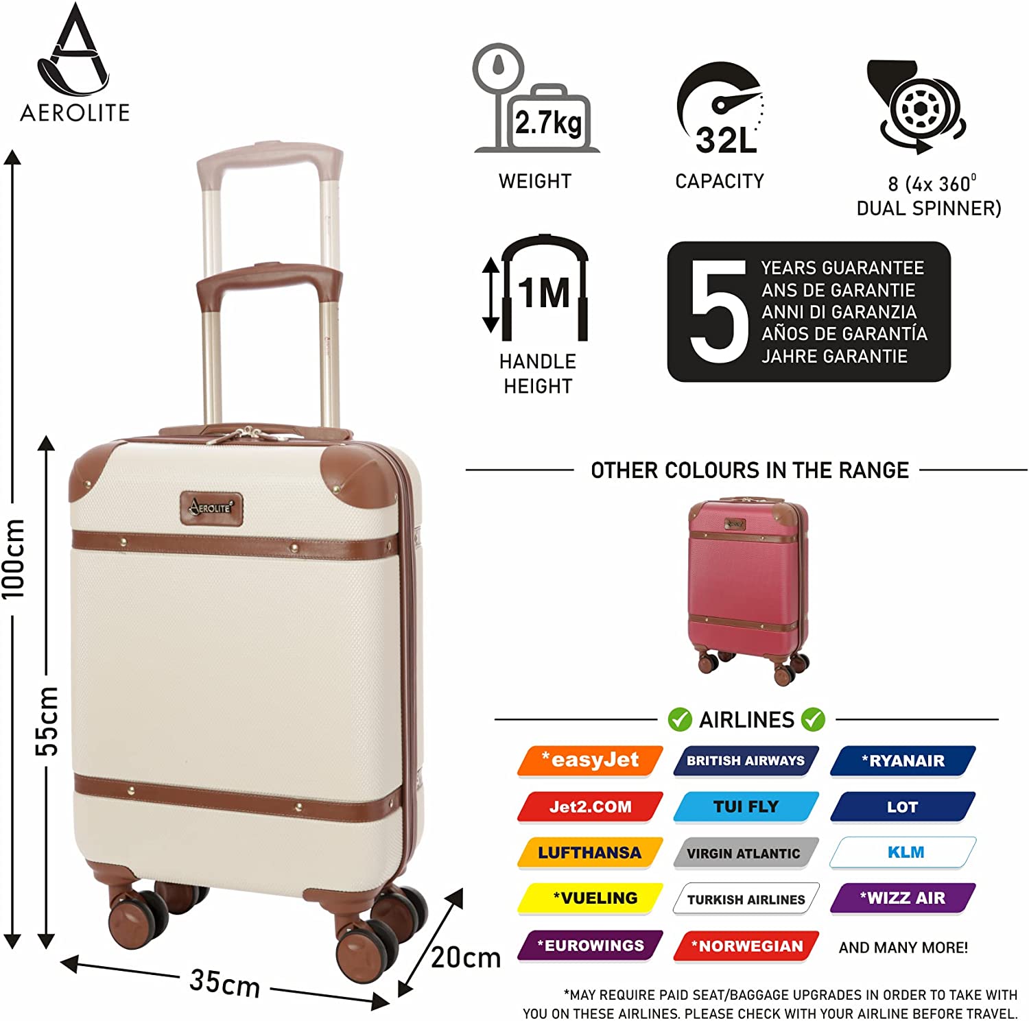 Aerolite Vintage Classic (55x35x20cm) Lightweight Hard Shell Cabin Hand Luggage, Approved For Ryanair, easyJet, British Airways, Delta, Lufthansa, Norwegian, Jet2, Virgin Atlantic and many more!