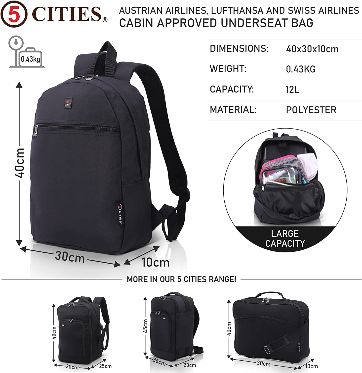5 CITIES (40x30x10cm) New and Improved 2025 Lufthansa, Austrian Airlines, Swiss Airlines Maximum Size Cabin Backpack/Rucksack Underseat Flight Bag, Also Approved For easyJet, British Airways, Virgin Atlantic, Black