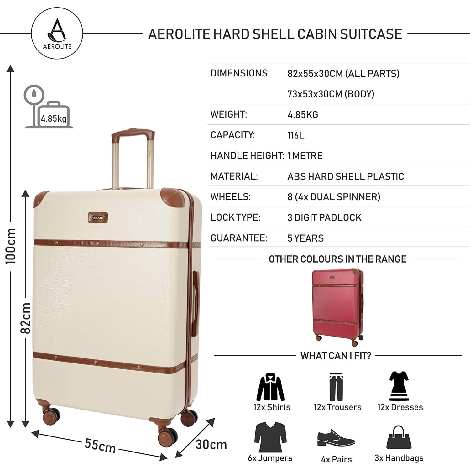 Aerolite Vintage Classic (55x35x20cm) Lightweight Hard Shell Cabin Hand Luggage, Approved For Ryanair, easyJet, British Airways, Delta, Lufthansa, Norwegian, Jet2, Virgin Atlantic and many more!