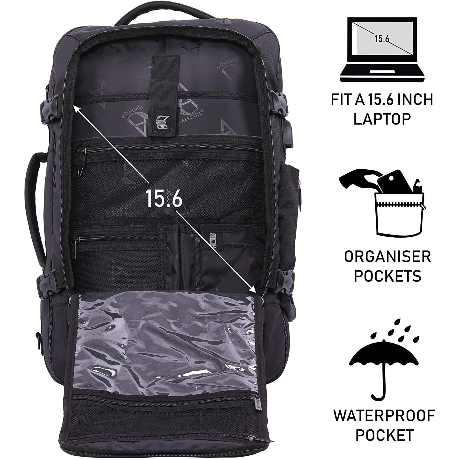 Aerolite 55x35x20cm 39L Hand Cabin Luggage Backpack with YKK Zippers, Fits 15” Laptop, Carry On Rucksack Travel Daypack Flight Bag, 55x35x20, Black