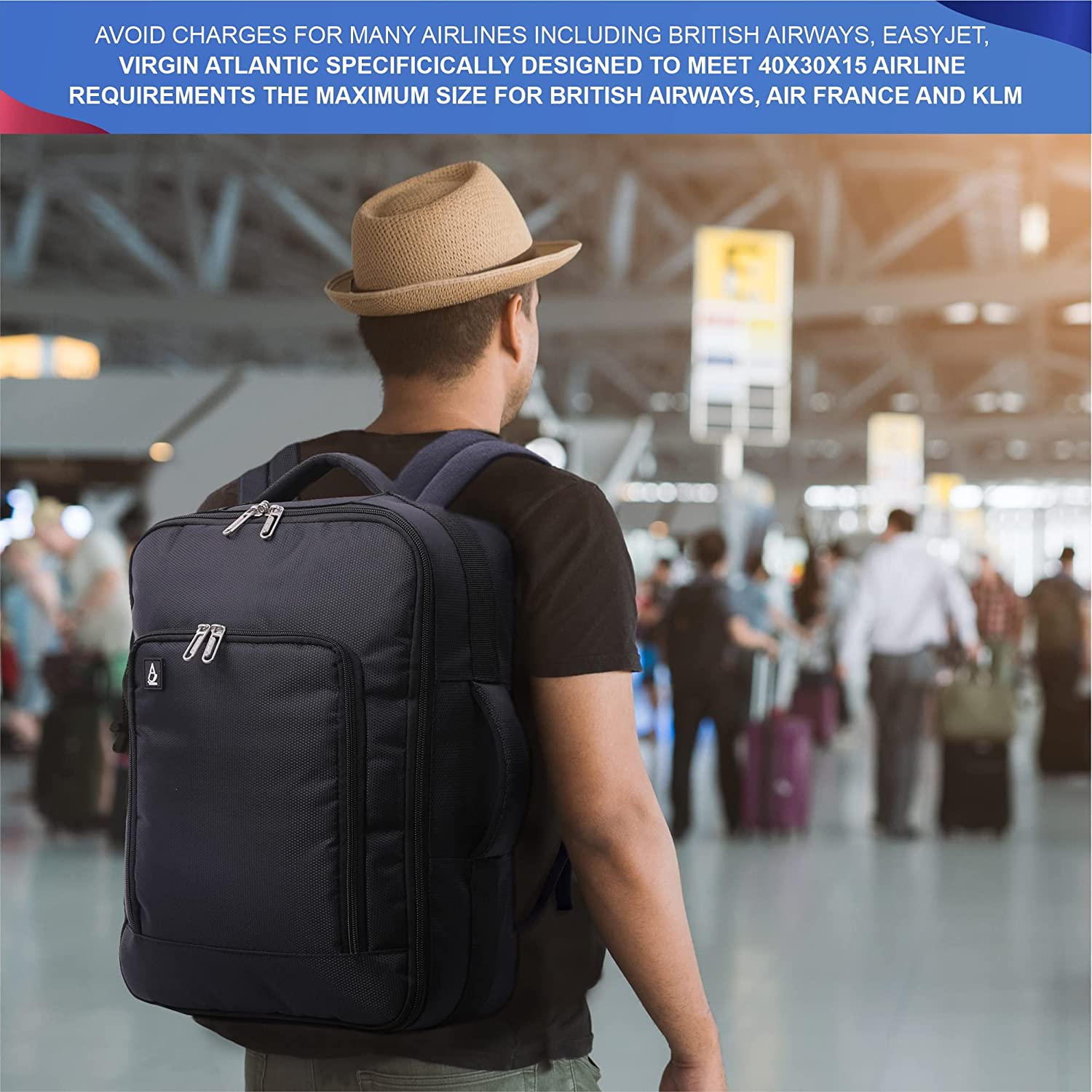 AEROLITE (40x30x15cm) New and Improved 2025 British Airways, KLM & Air France  Maximum Size Cabin Underseat Backpack Rucksack, Also Approved For Easyjet, Wizz Air, Virgin Atlantic, Black