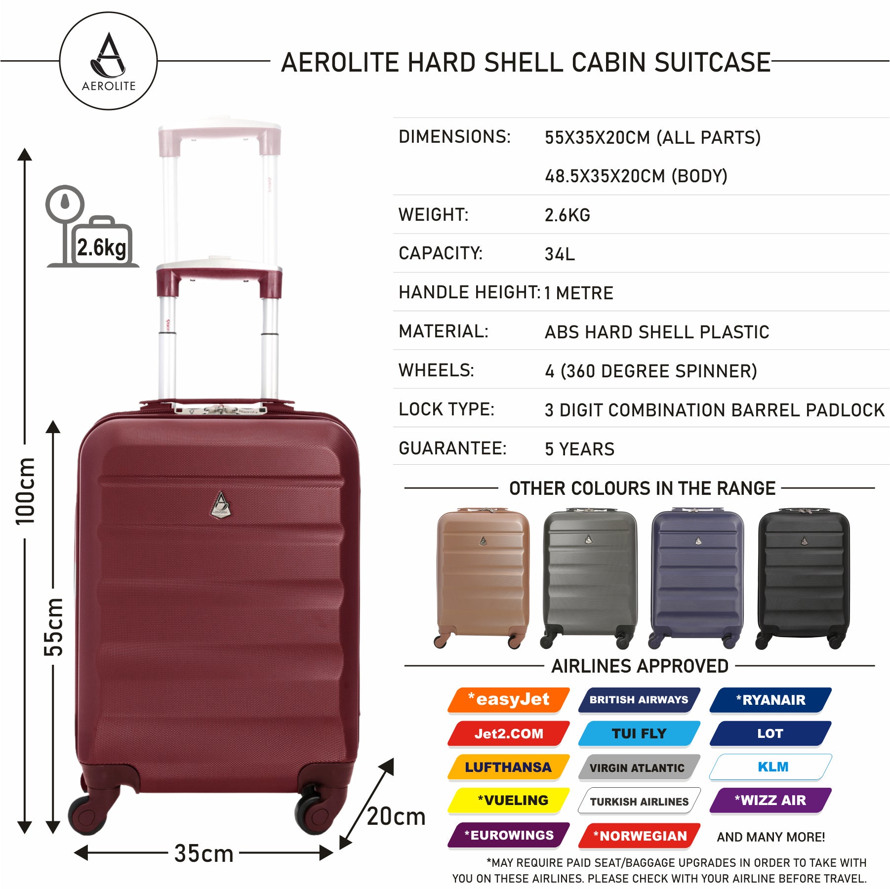 Aerolite (55x35x20cm) Lightweight Hard Shell Cabin Hand Luggage (x3 Set)