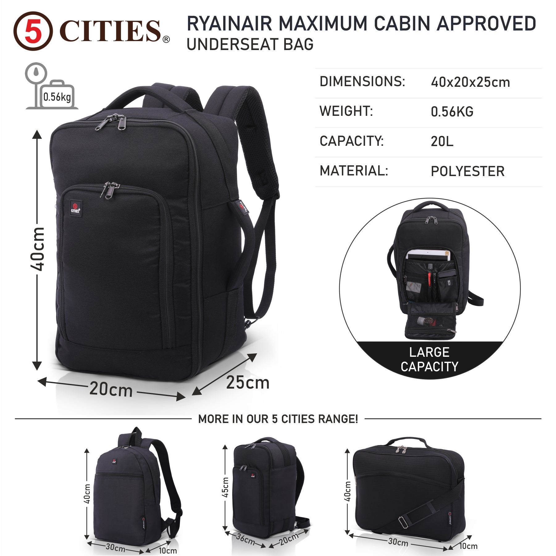 5-Cities Ryanair Maximum (40x20x25cm) New and Improved 2025 Underseat Cabin Luggage Backpack/Rucksack, 2 Years Warranty, Black