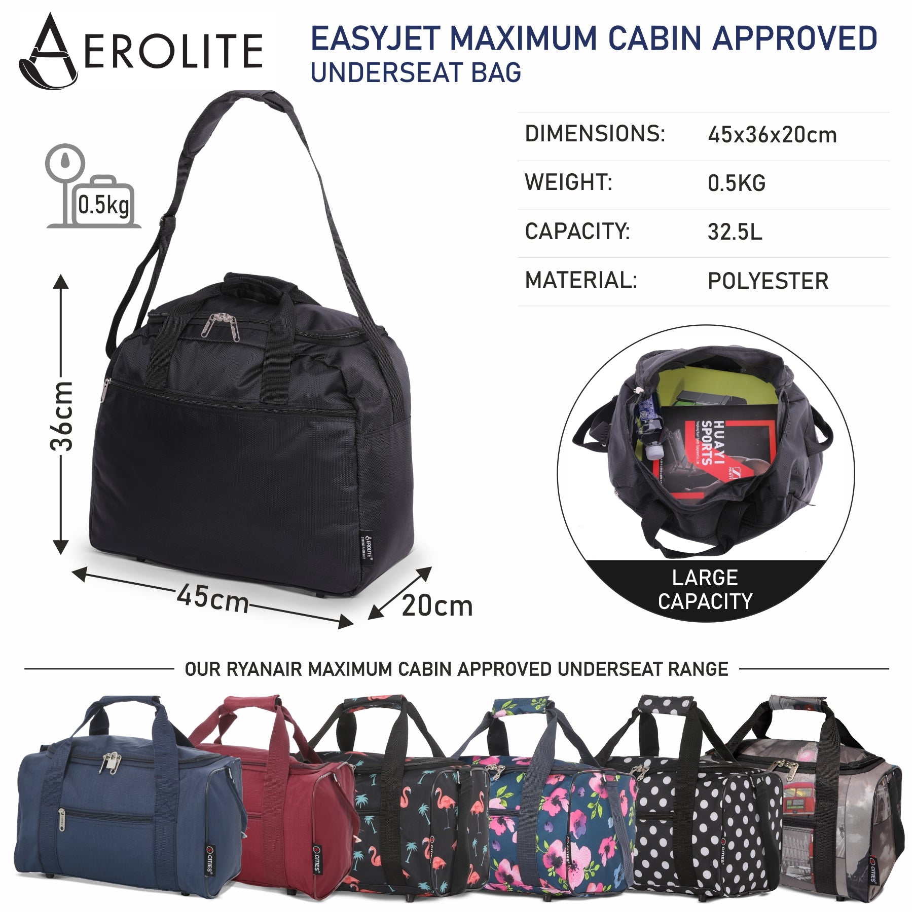 Aerolite Easyjet Maximum (45x36x20cm) New and Improved 2025  Size Holdall Cabin Luggage Under Seat Flight Bag, 5 Years Of Warranty