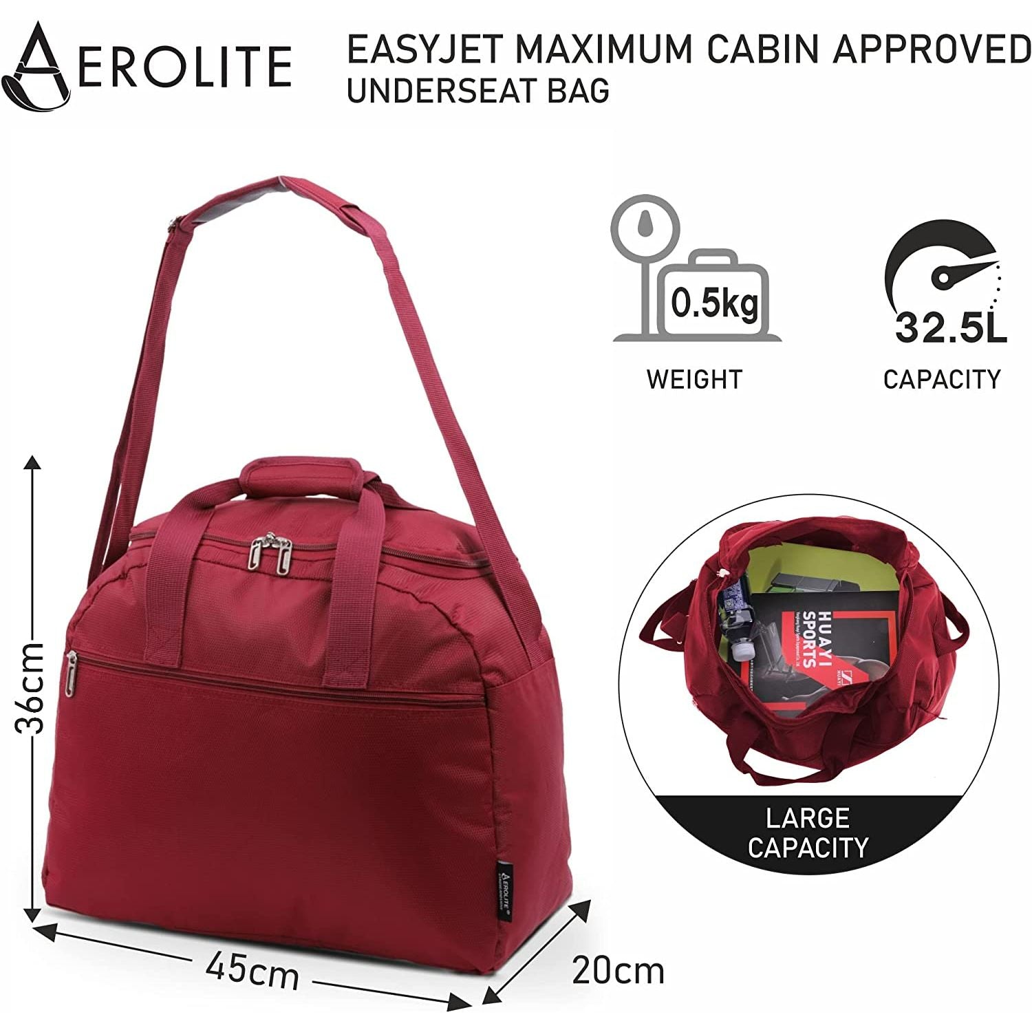 Aerolite Easyjet Maximum (45x36x20cm) New and Improved 2025  Size Holdall Cabin Luggage Under Seat Flight Bag, 5 Years Of Warranty