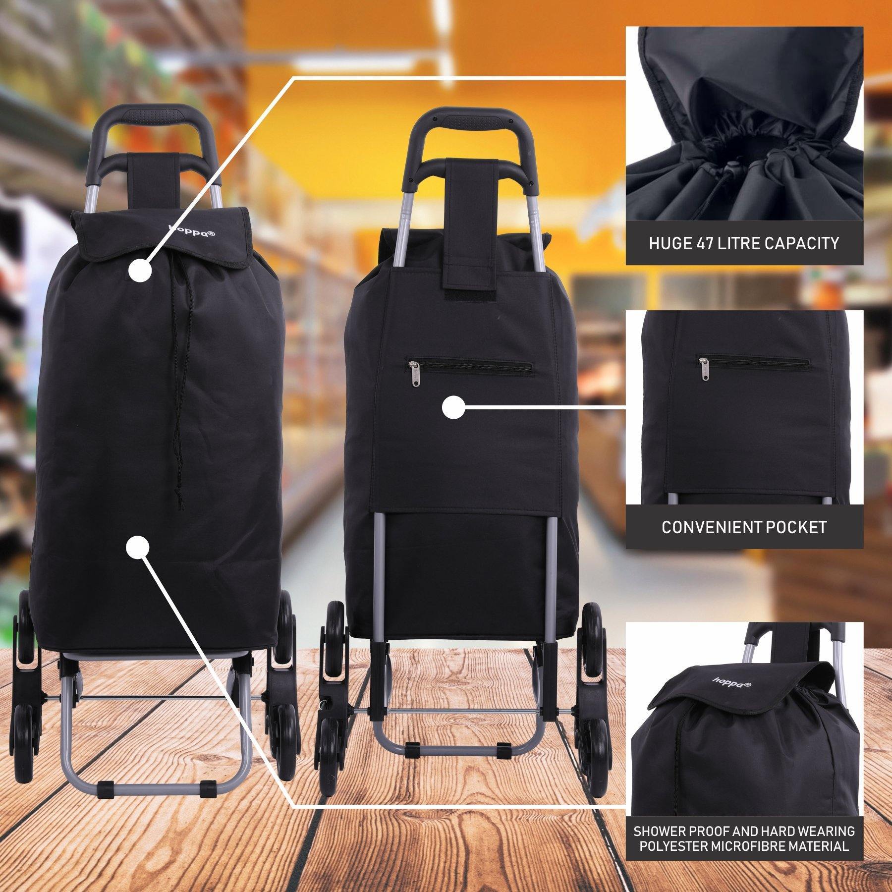 Hoppa Lightweight 6-Wheel 2025 Model Folding Shopping Trolley Large 47L Capacity Shopping Trolley Bag, 95cm, 2kg, Push/Pull Stairclimber (Black)