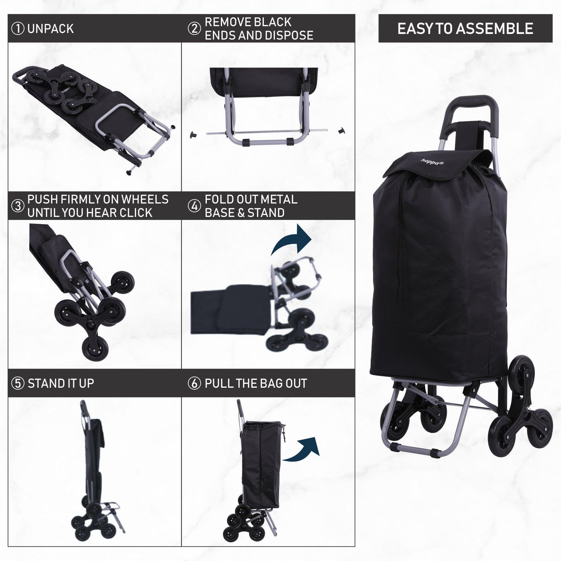 Hoppa Lightweight 6-Wheel 2025 Model Folding Shopping Trolley Large 47L Capacity Shopping Trolley Bag, 95cm, 2kg, Push/Pull Stairclimber (Black)