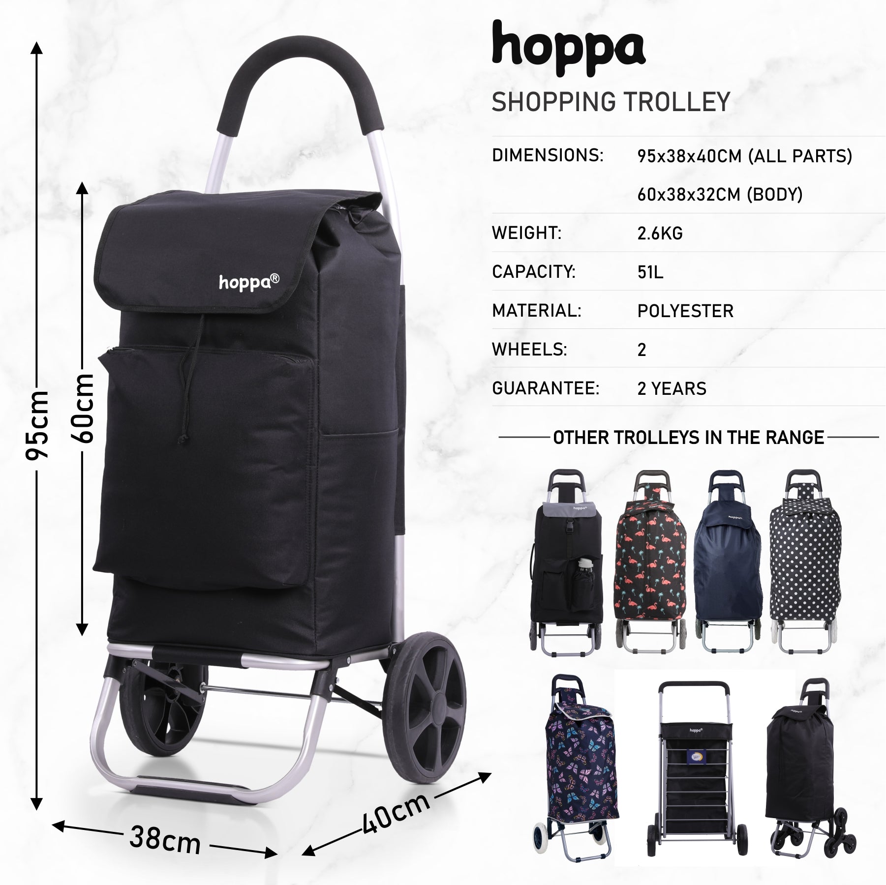 Hoppa Fully Insulated Lightweight 2025 Model 2 Wheeled Huge 51Litre Capacity Shopping Trolley Bag 95cm, 2.6kg