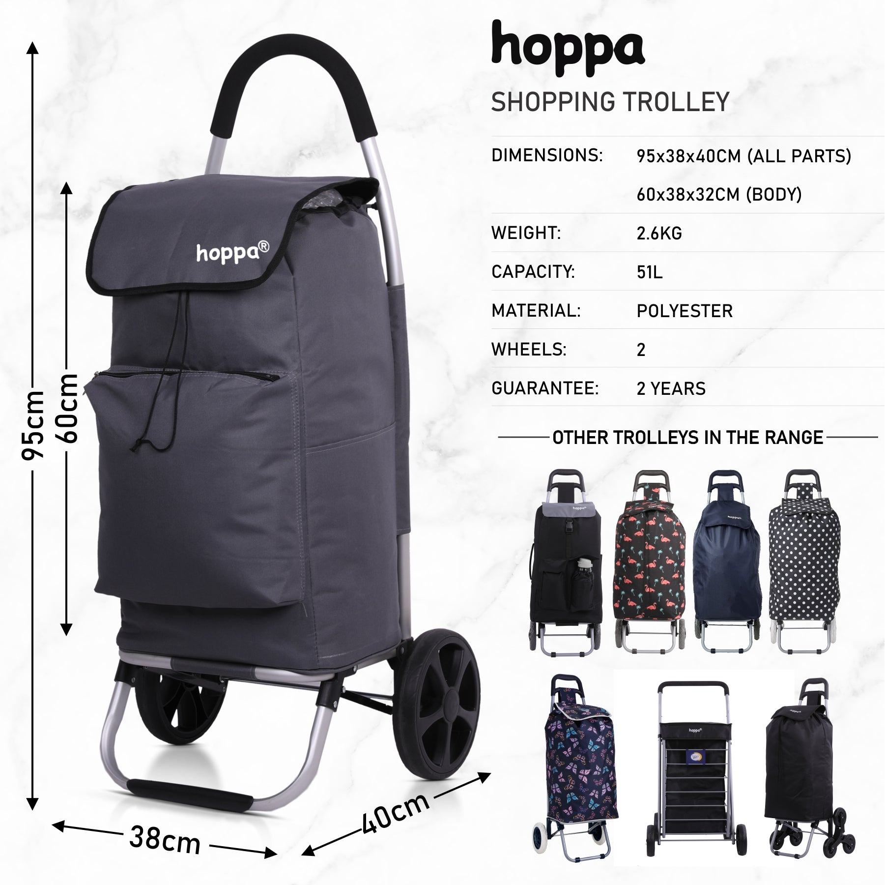 Hoppa Fully Insulated Lightweight 2025 Model 2 Wheeled Huge 51Litre Capacity Shopping Trolley Bag 95cm, 2.6kg