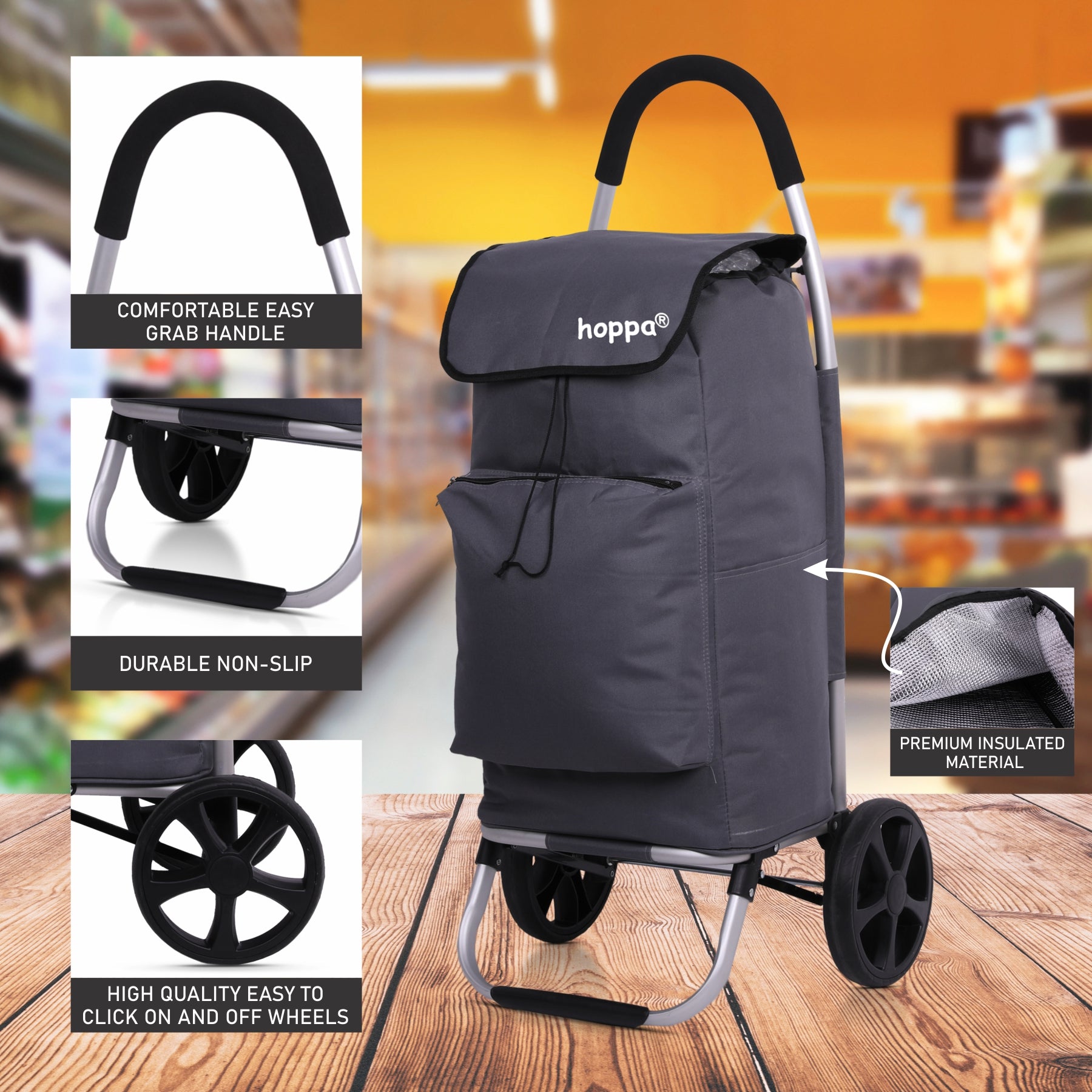 Hoppa Fully Insulated Lightweight 2025 Model 2 Wheeled Huge 51Litre Capacity Shopping Trolley Bag 95cm, 2.6kg