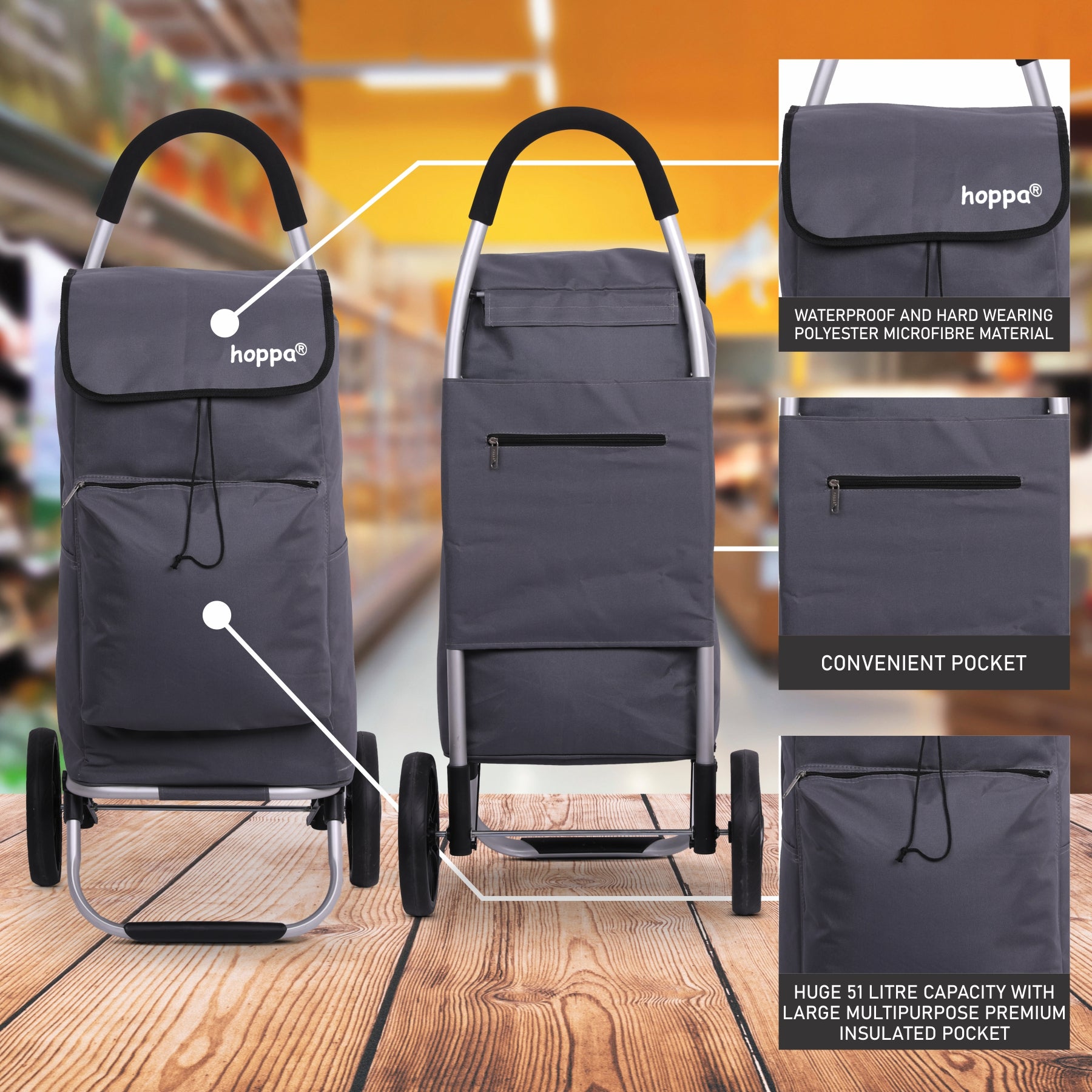 Hoppa Fully Insulated Lightweight 2025 Model 2 Wheeled Huge 51Litre Capacity Shopping Trolley Bag 95cm, 2.6kg