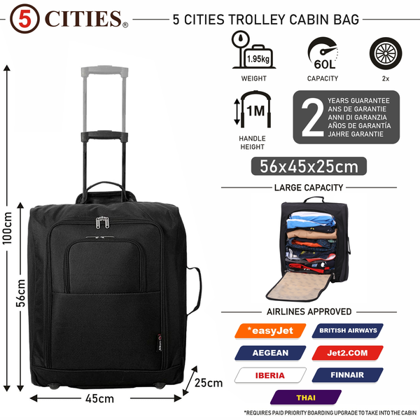 5 Cities easyJet Large Cabin Bag Trolley (56x45x25cm), Maximum Possibl Travel Luggage & Cabin Bags