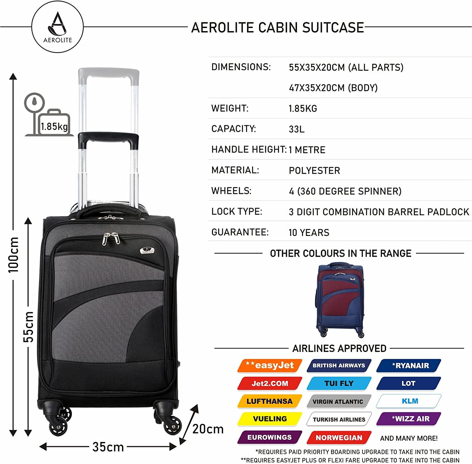 Aerolite Super Lightweight 4 Wheels Soft Shell Cabin & Hold Luggage, Cabin Size Approved for Ryanair (Priority), easyJet (Plus/Large Cabin), British Airways, Delta, Lufthansa, (Cabin 21", Medium 25", Large 29")