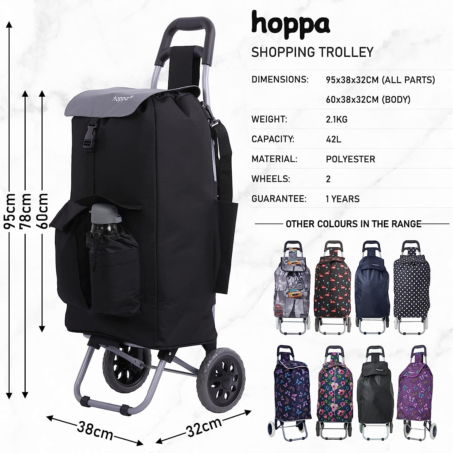 Hoppa Fully Insulated Lightweight 2023 Model 2 Wheeled Large 42-Litre Capacity Shopping Trolley Bag 95cm, 2.1kg with Shoulder Strap