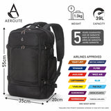 Aerolite 55x35x20cm 39L Hand Cabin Luggage Backpack with YKK Zippers, Fits 15” Laptop, Carry On Rucksack Travel Daypack Flight Bag, 55x35x20, Black
