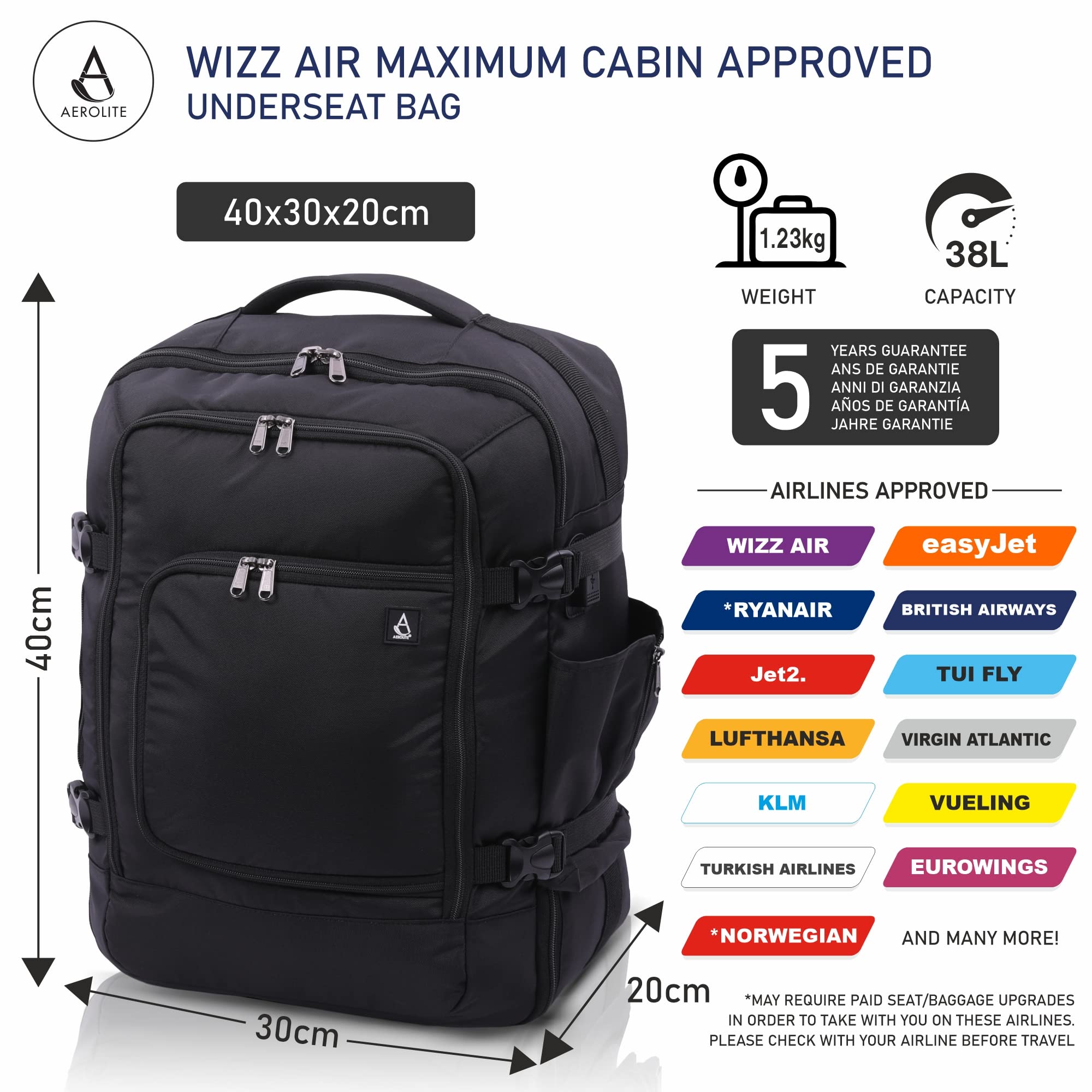 Aerolite 40x30x20 Wizz Air Maximum Size Backpack Eco-Friendly Cabin Luggage Approved Travel Carry On Holdall Lightweight Shoulder Bag Flight Rucksack with YKK Zippers 5 Year Warranty