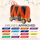 MiniMax 45x36x20cm 29L Kids Ride-On Suitcase 4PCS Set Inc Drawstring Bag, Neck Pillow & 50+ Personalisation Stickers, Easyjet Max Size Childrens Rolling Hand Cabin Luggage 45x36x20 (Tiger)