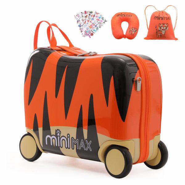 MiniMax 45x36x20cm Ride On Suitcase 4PCS Set Inc Drawstring Bag Neck Pillow &amp 50+ Personalisation Stickers Easyjet Max Rolling Hand Cabin Luggage 45x36x20