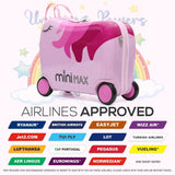 MiniMax 45x36x20cm 29L Kids Ride-On Suitcase 4PCS Set Inc Drawstring Bag, Neck Pillow & 50+ Personalisation Stickers, Easyjet Max Size Childrens Rolling Hand Cabin Luggage 45x36x20 (Unicorn)